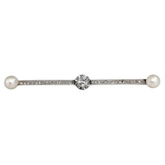 Bar-Brosche aus edwardianischem 18 Karat Gold mit Zuchtperlen im Altschliff und Diamanten