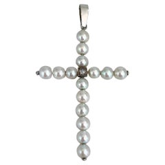 Edwardian 0.04 Carat Old Cut Diamond Cultured Pearl Cross Pendant