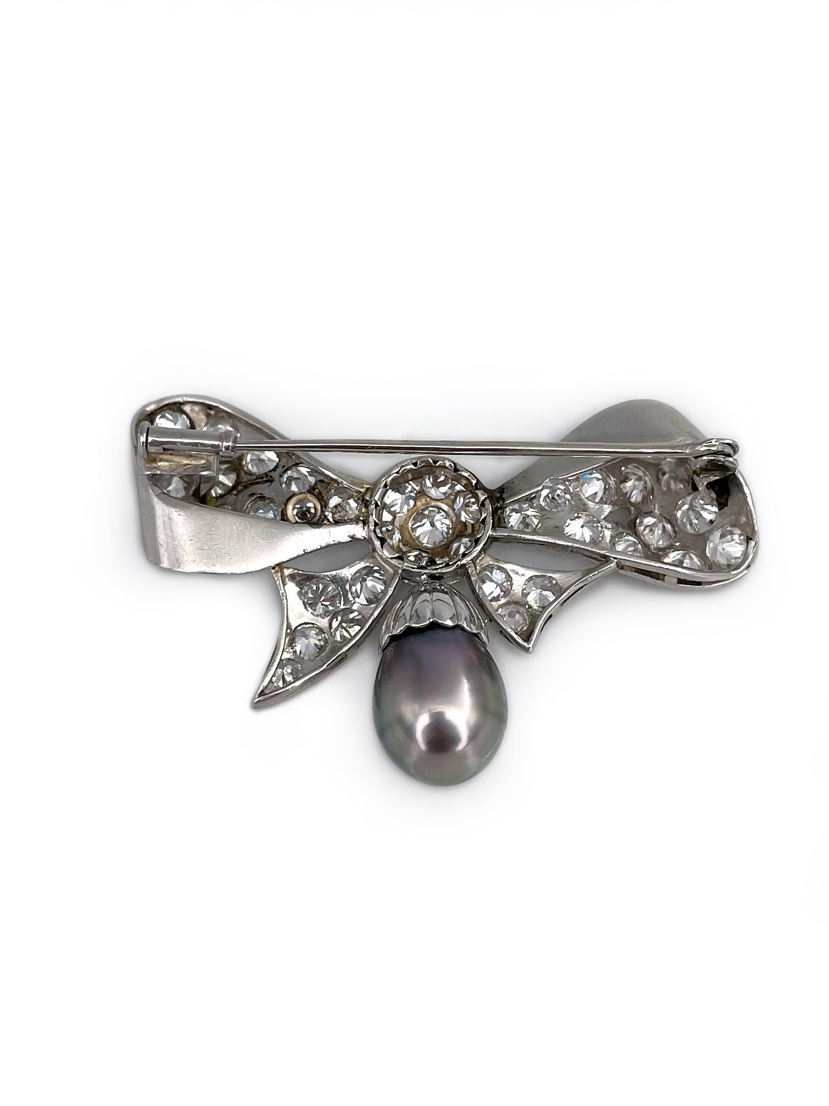 Mixed Cut Edwardian 950 Platinum 5.80 Carat Old Cut Diamond Pearl Bow Drop Pin Brooch