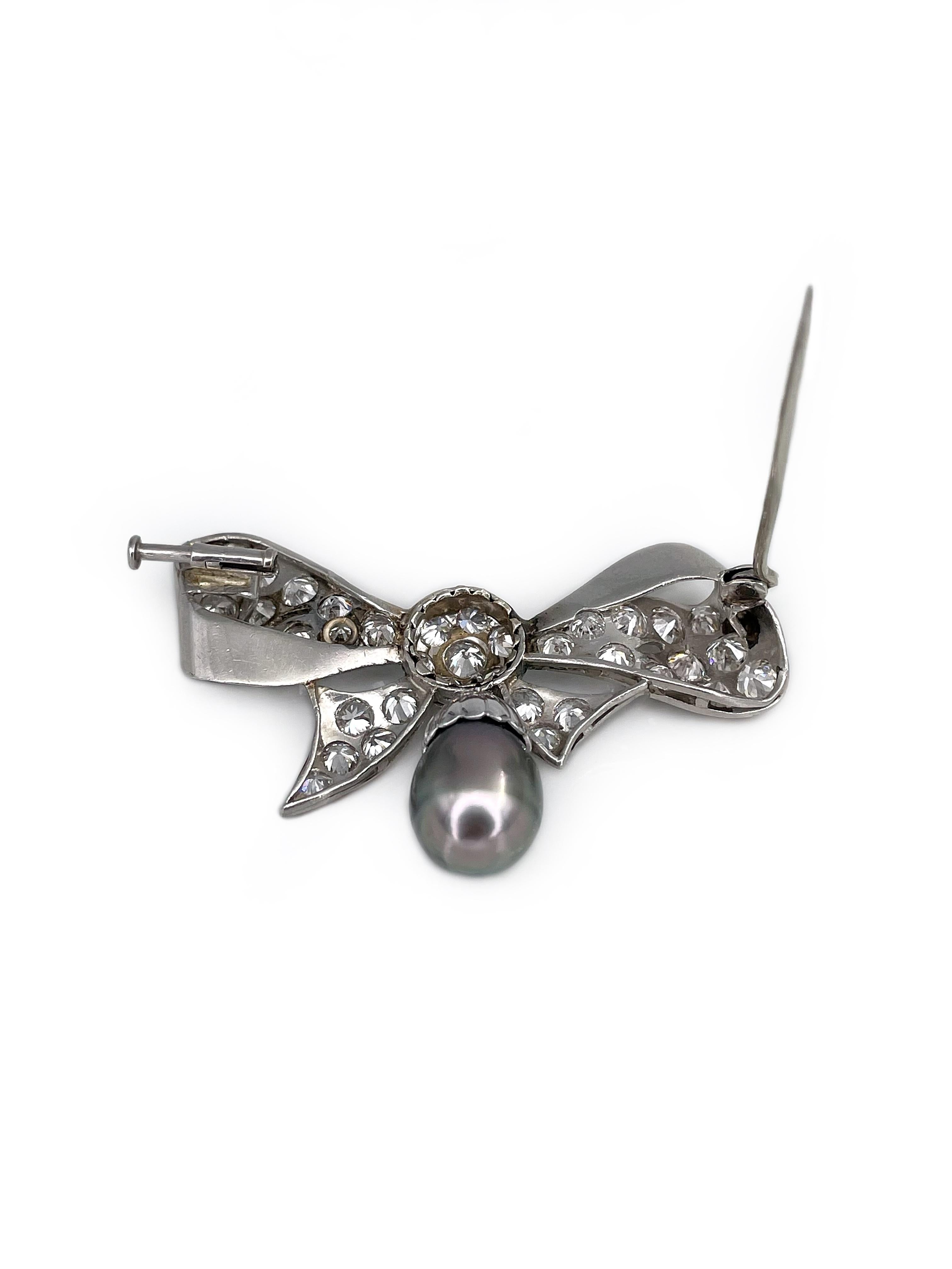 Edwardian 950 Platinum 5.80 Carat Old Cut Diamond Pearl Bow Drop Pin Brooch In Good Condition In Vilnius, LT