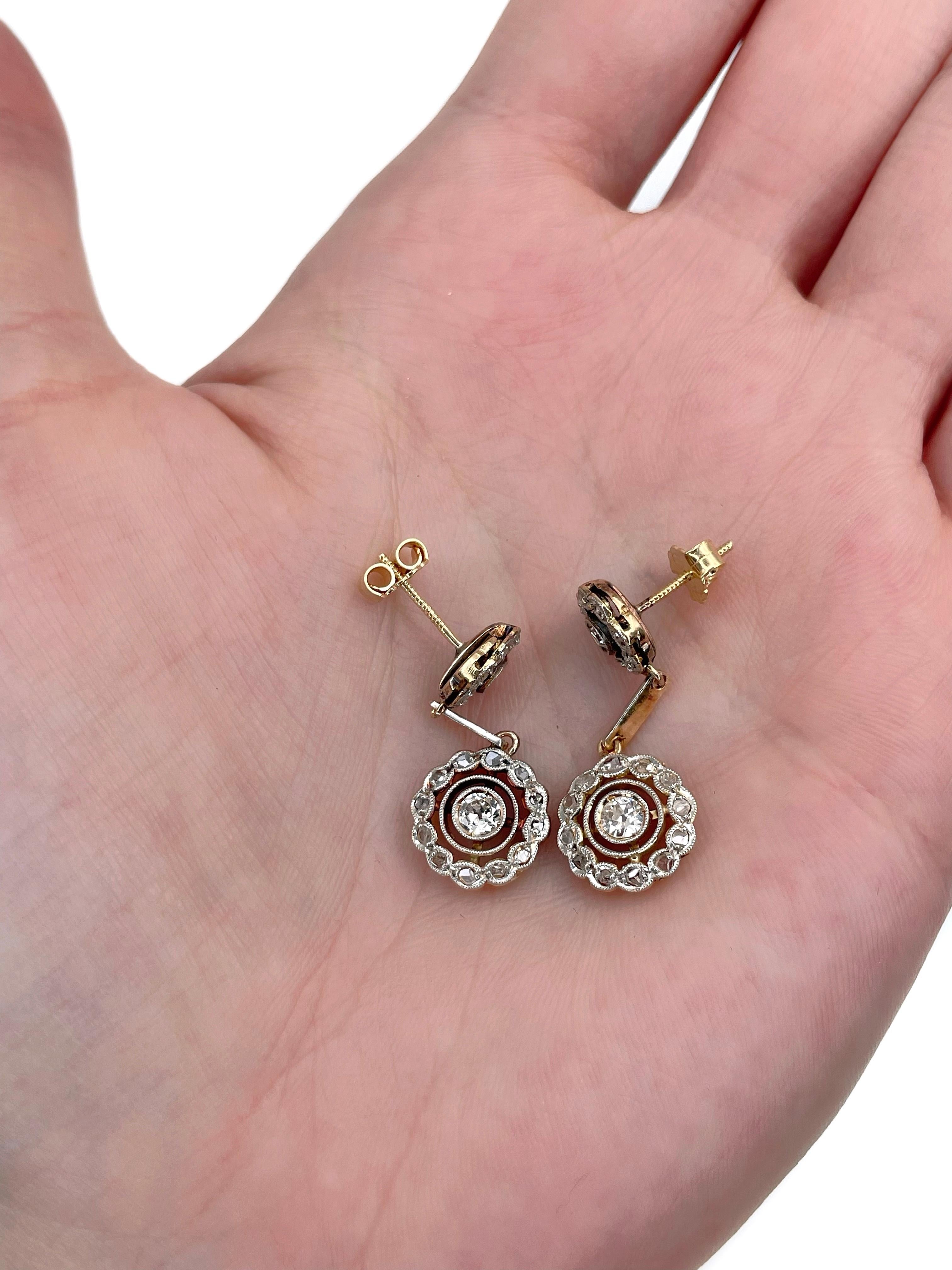 Edwardian 18 Karat Gold Old Cut Rose Cut Diamond Floral Drop Stud Earrings In Good Condition For Sale In Vilnius, LT