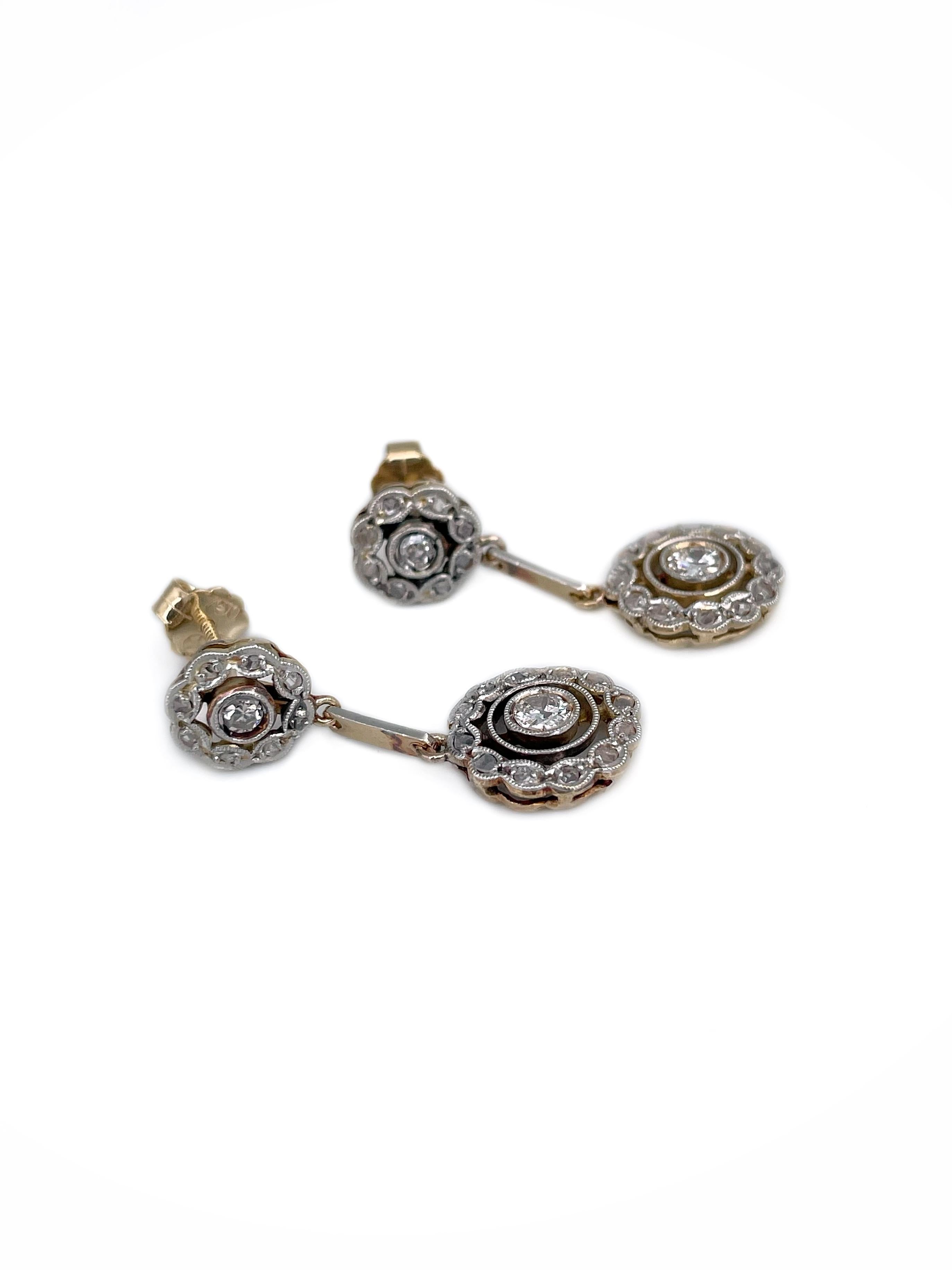 Women's Edwardian 18 Karat Gold Old Cut Rose Cut Diamond Floral Drop Stud Earrings For Sale