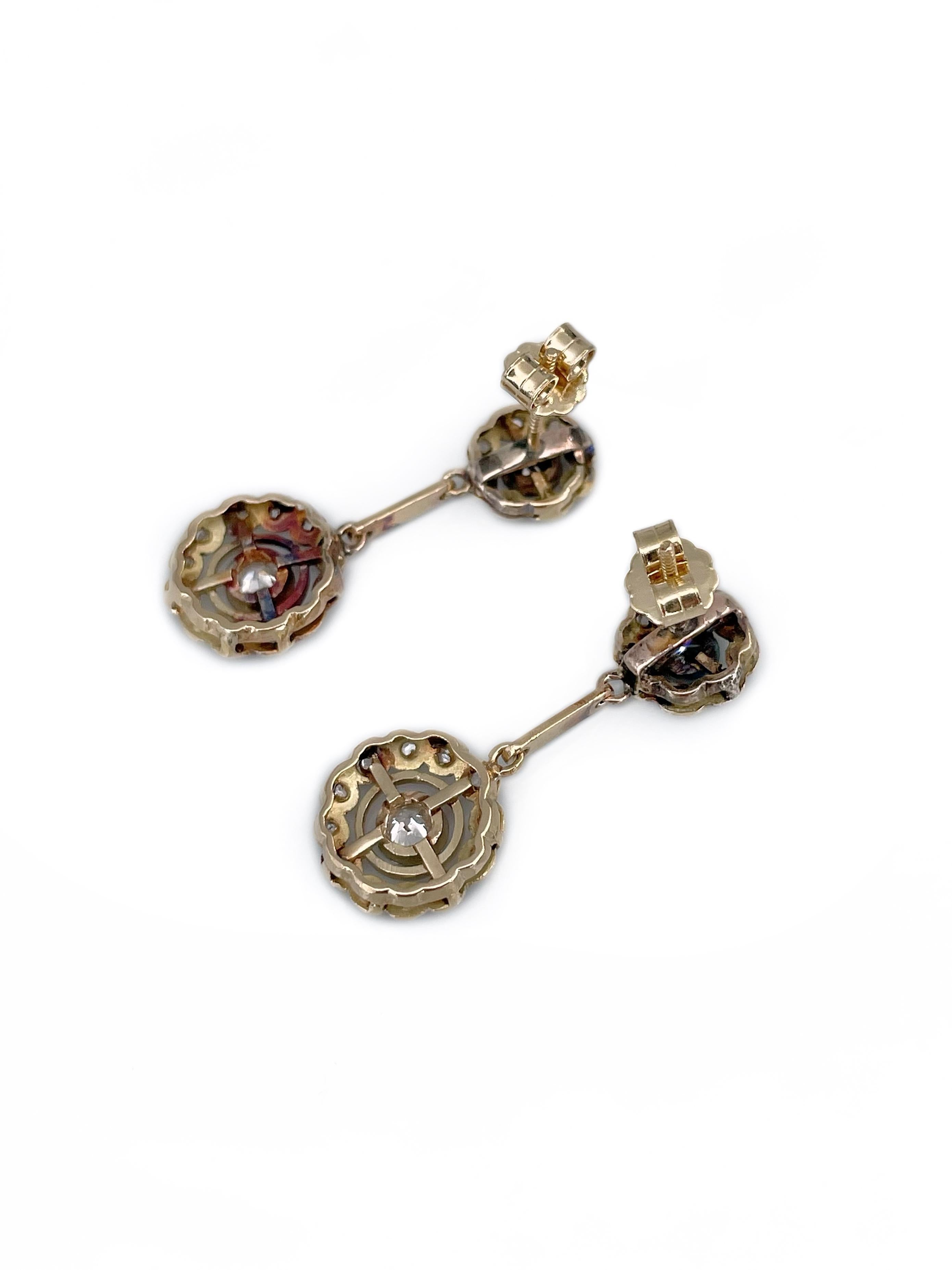Clous d'oreilles édouardiens en or 18 carats avec diamants taille ancienne et taille rose Bon état - En vente à Vilnius, LT