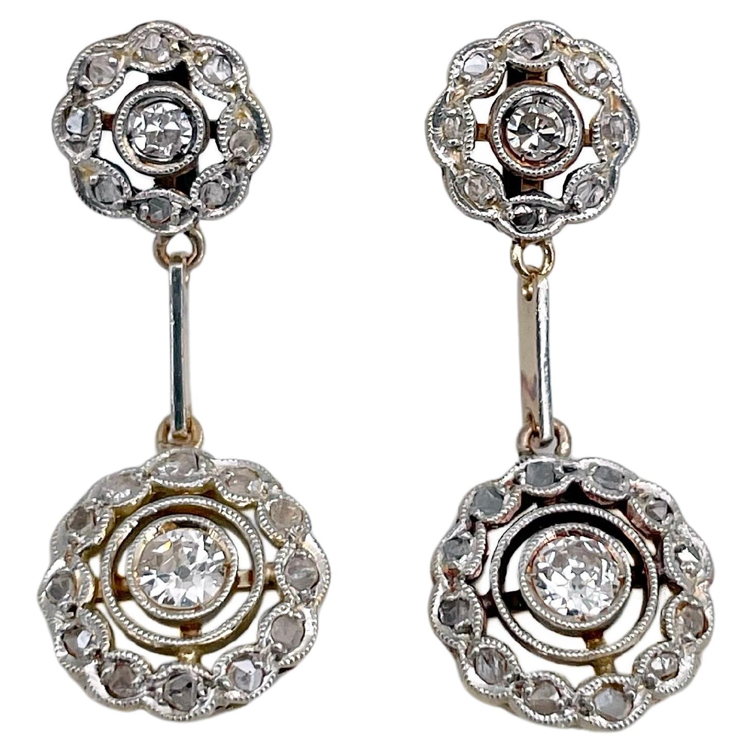 Edwardian 18 Karat Gold Old Cut Rose Cut Diamond Floral Drop Stud Earrings
