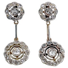 Antique Edwardian 18 Karat Gold Old Cut Rose Cut Diamond Floral Drop Stud Earrings