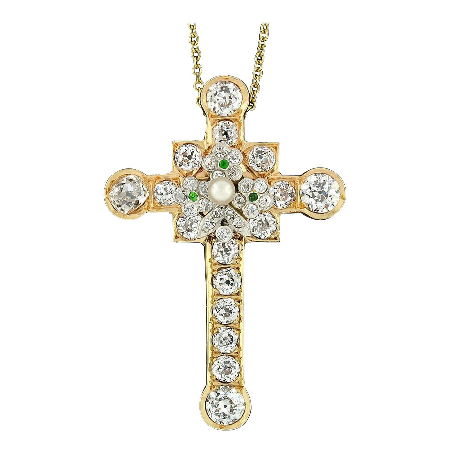 Edwardian 18 Karat Gold Old Diamond Tsavorite Pearl Cross Pendant Necklace
