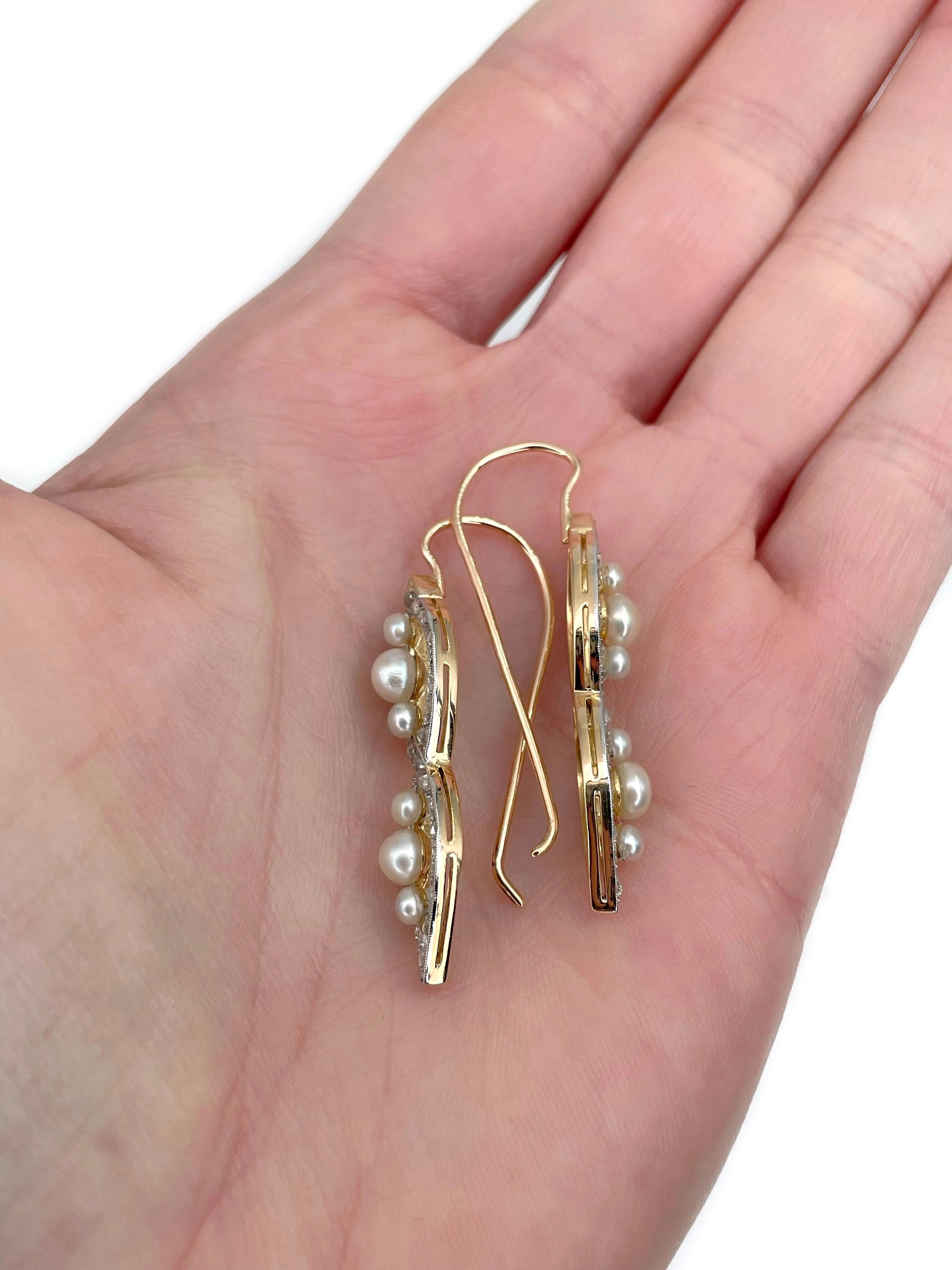 Edwardian 18 Karat Gold Pearl Rose Cut Diamond Dangle Earrings In Good Condition In Vilnius, Vilniaus apskr.