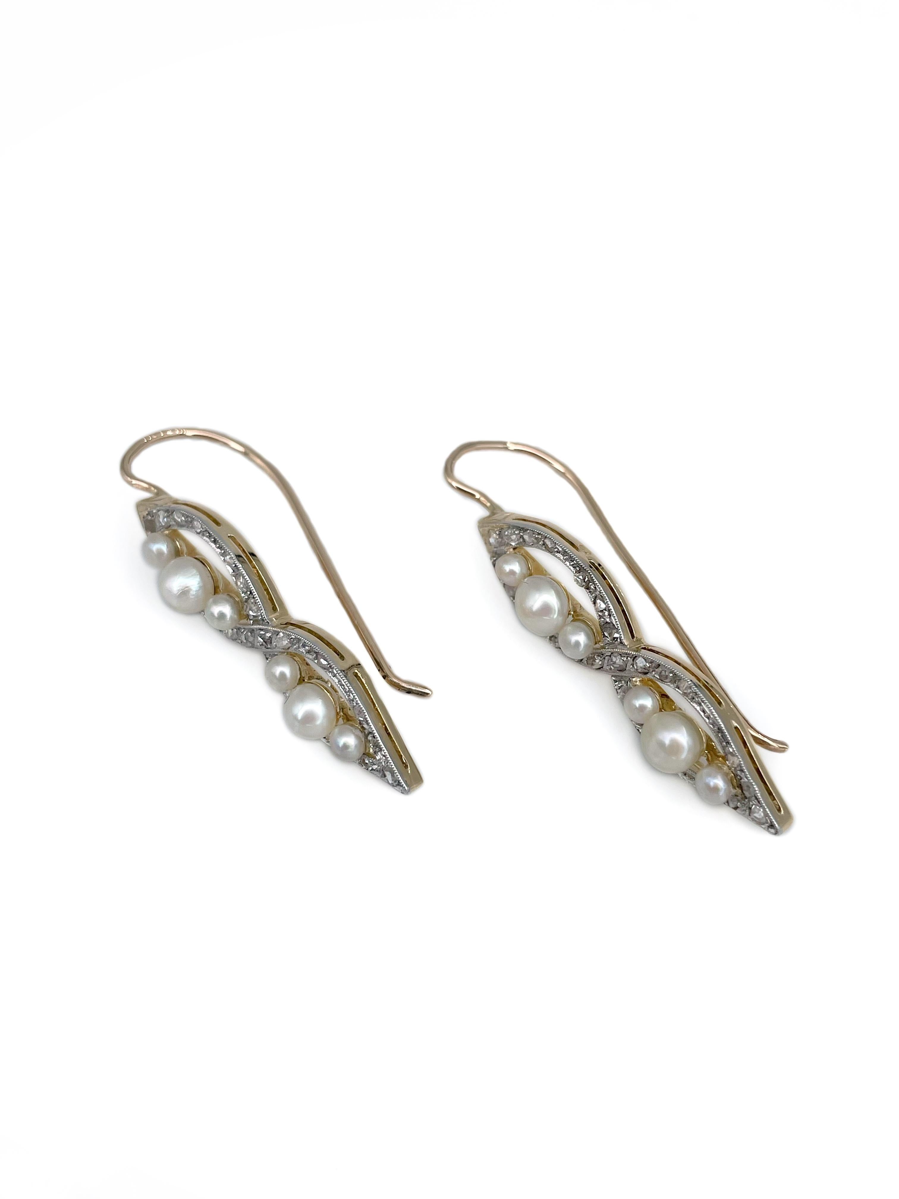 Women's Edwardian 18 Karat Gold Pearl Rose Cut Diamond Dangle Earrings