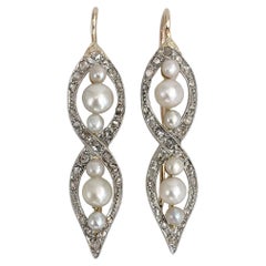 Edwardian 18 Karat Gold Pearl Rose Cut Diamond Dangle Earrings