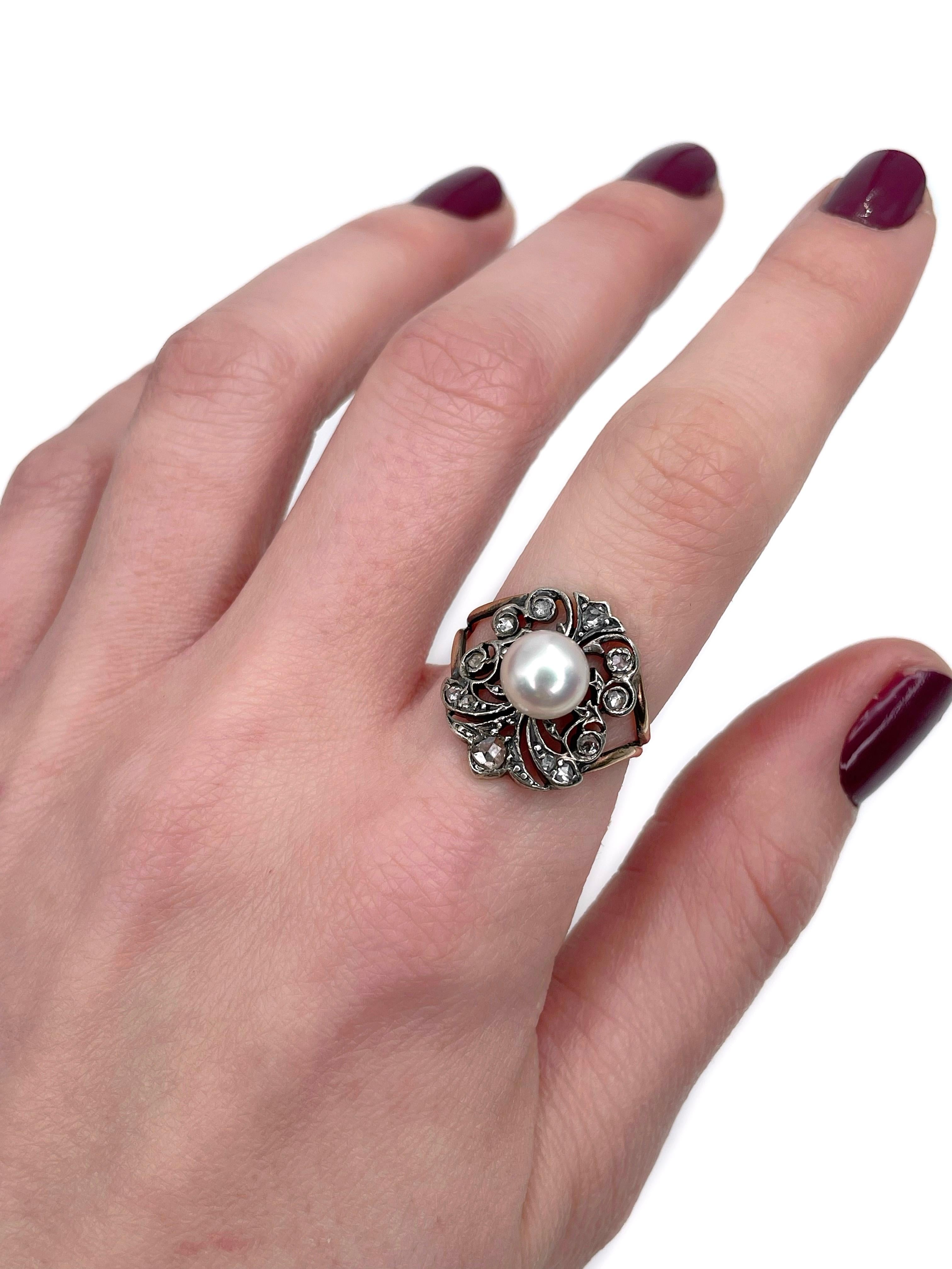 This is an Edwardian openwork cocktail ring crafted in 14K gold. Circa 1910. 

It features 1 cultured pearl and 12 rose cut diamonds (TW 0.10ct, W-STW, SI-P2).

Weight: 4.24g 
Size: 17 (US 6.75)

IMPORTANT: please ask about the possibility to resize