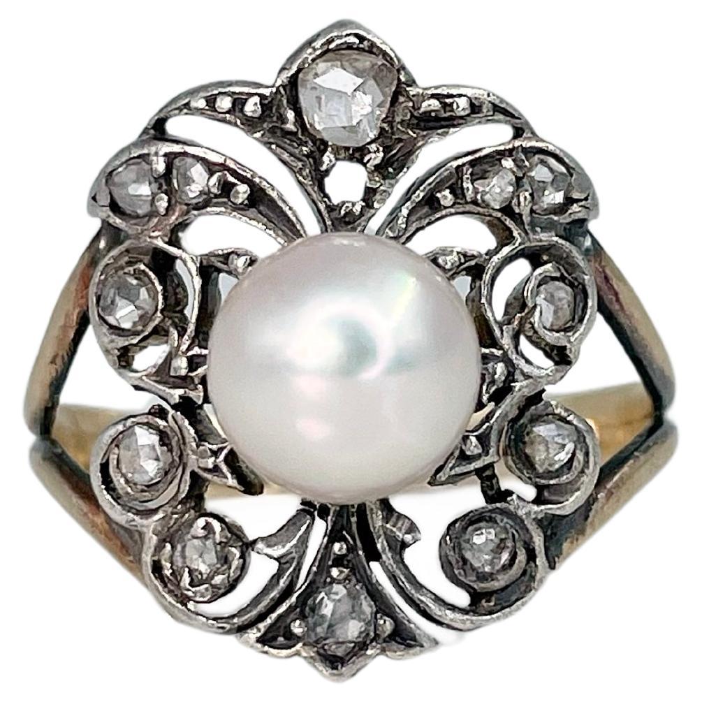 Edwardian 14 Karat Gold Pearl 0.10 Carat Rose Cut Diamond Openwork Cocktail Ring For Sale