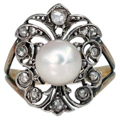 Edwardian 14 Karat Gold Perle 0,10 Karat Rosenschliff Diamant Openwork Cocktail Ring