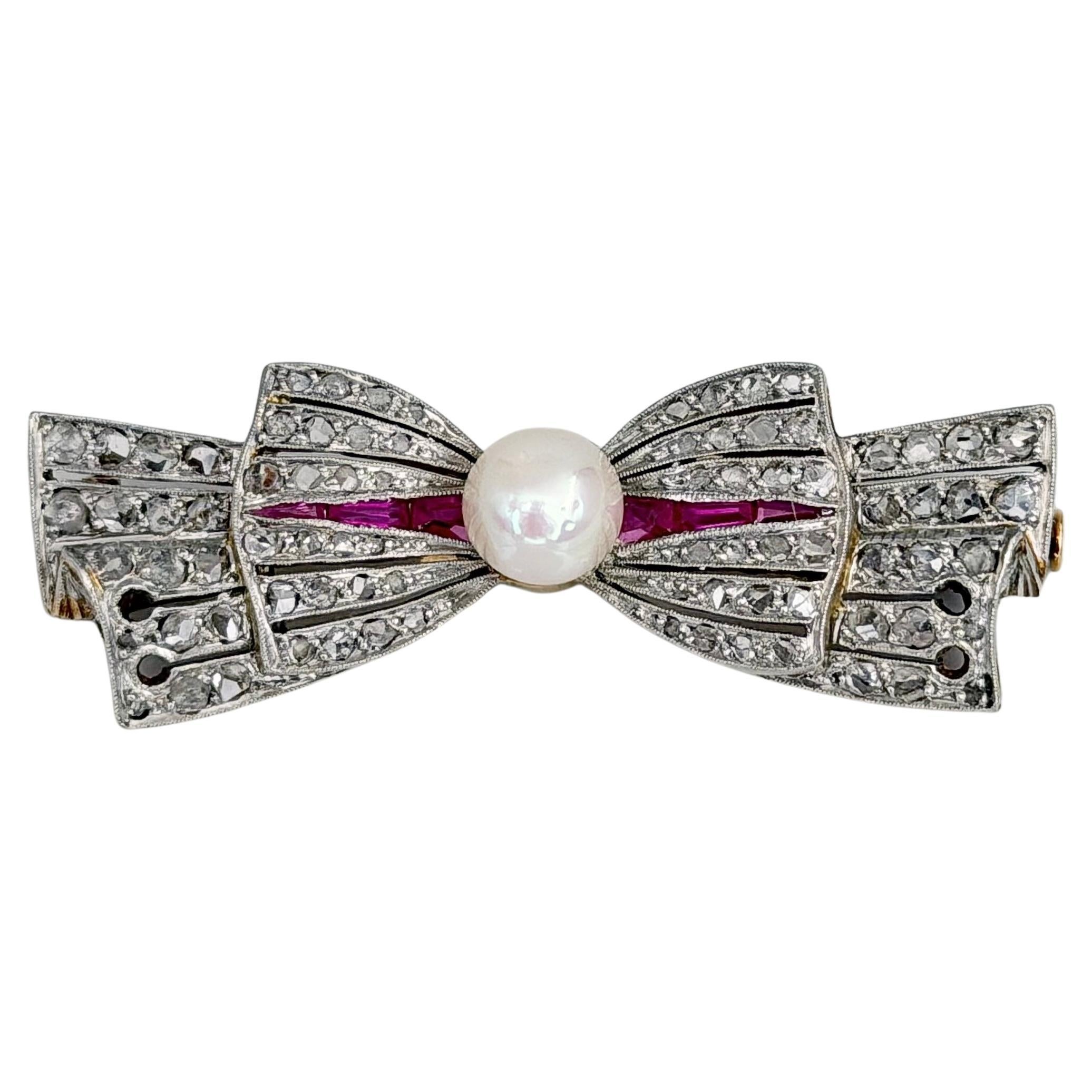 Edwardian 18 Karat Gold Pearl Rose Cut Diamond Ruby Bow Pin Brooch