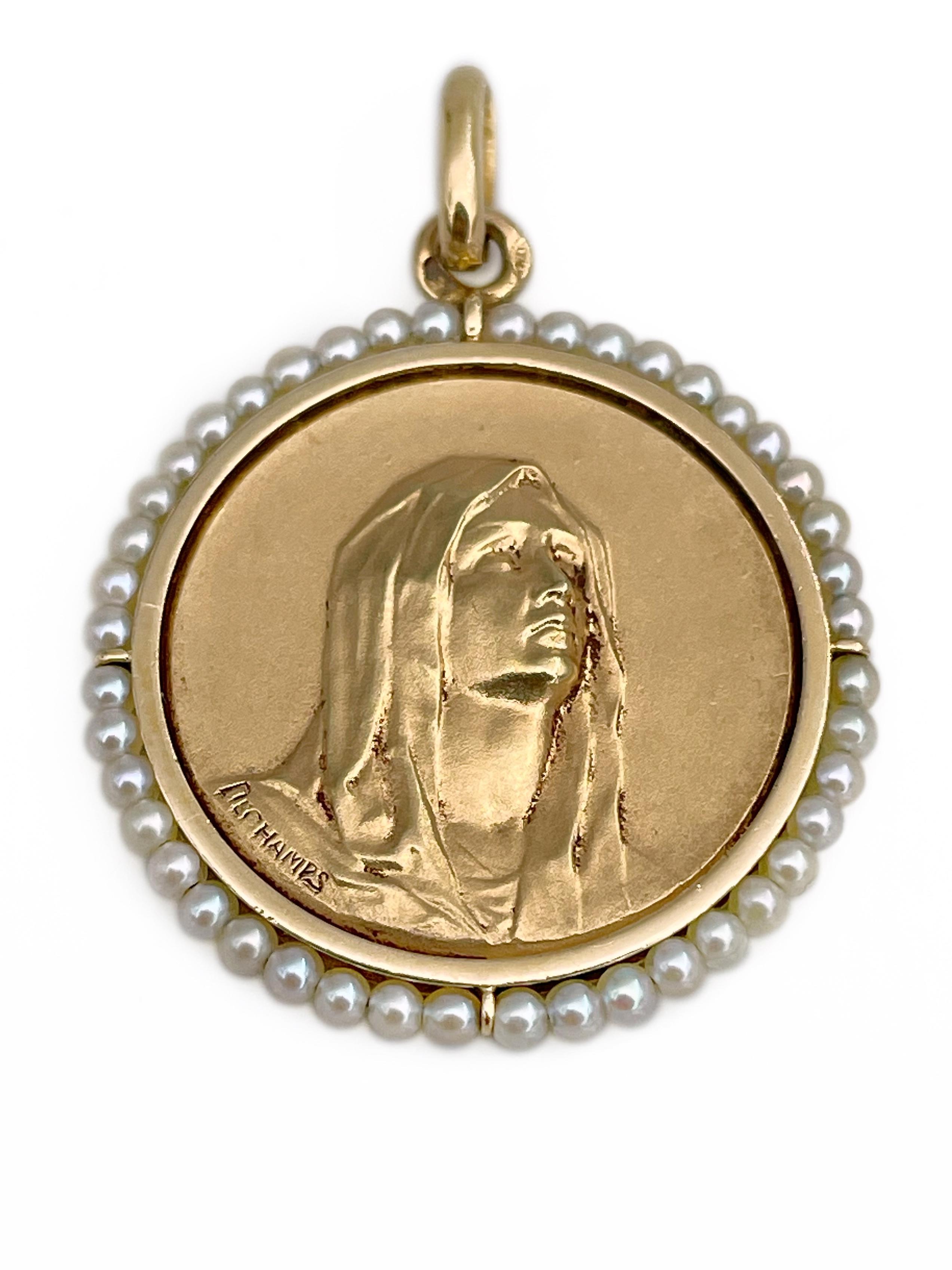 Taglio rotondo Ciondolo con medaglia firmata Vergine Maria in oro 18 carati di epoca edoardiana in vendita