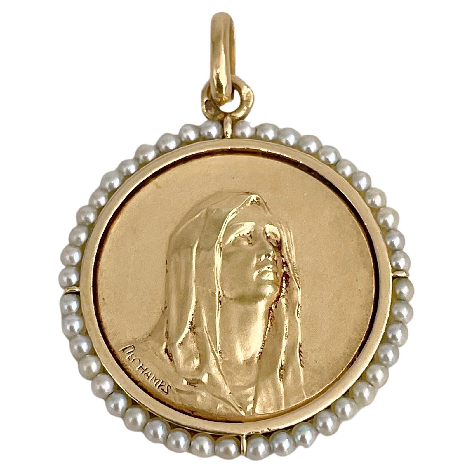 Edwardian 18 Karat Gold Perle Jungfrau Maria signiert Medal Anhänger