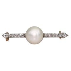 Edwardian 18 Karat Gold Platinum Cultured Pearl 0.24 Carat Diamond Bar Brooch