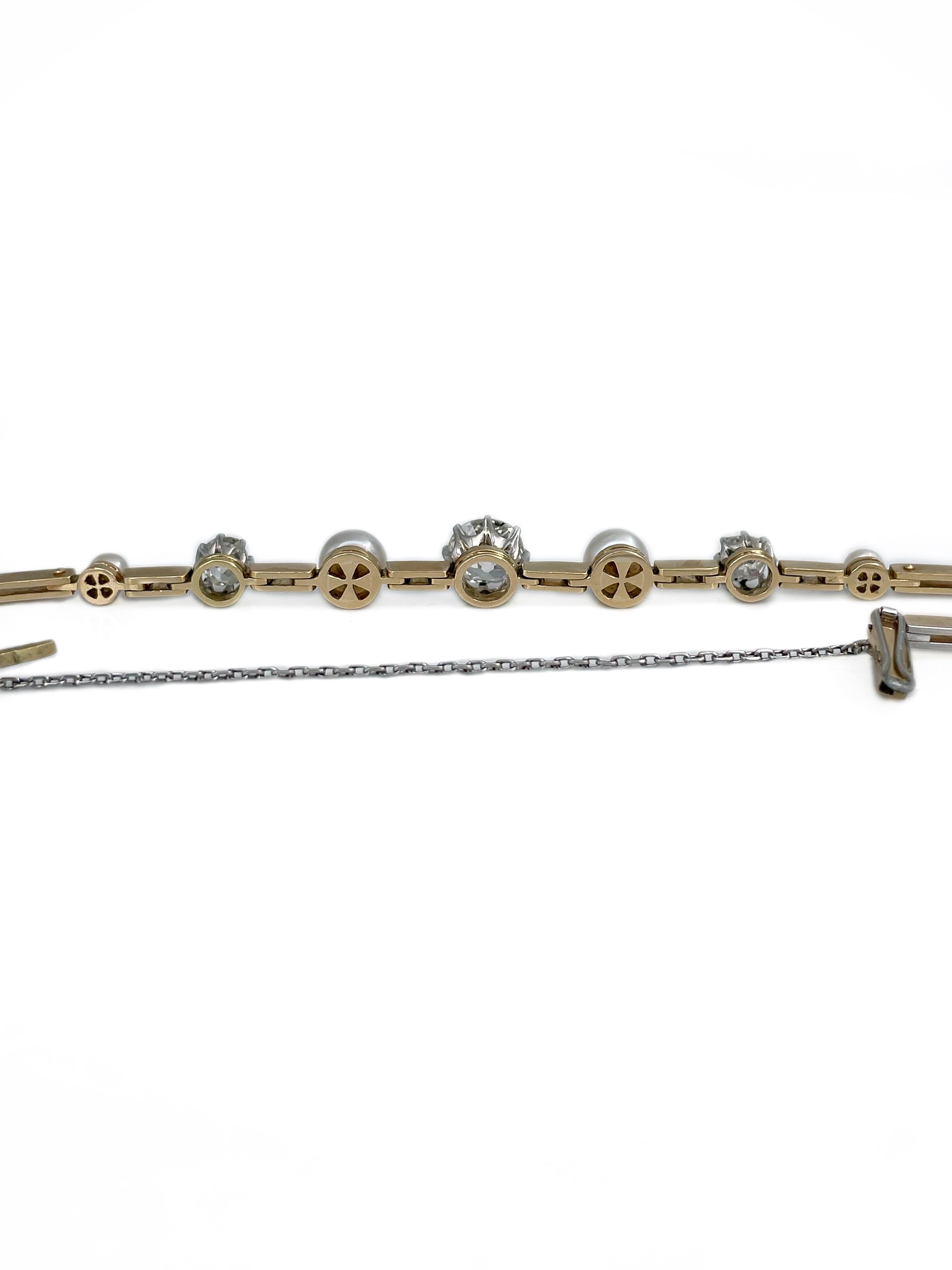 Mixed Cut Edwardian 14 Karat Gold Platinum TW 2.30 Carat Old Cut Diamond Pearl Bracelet