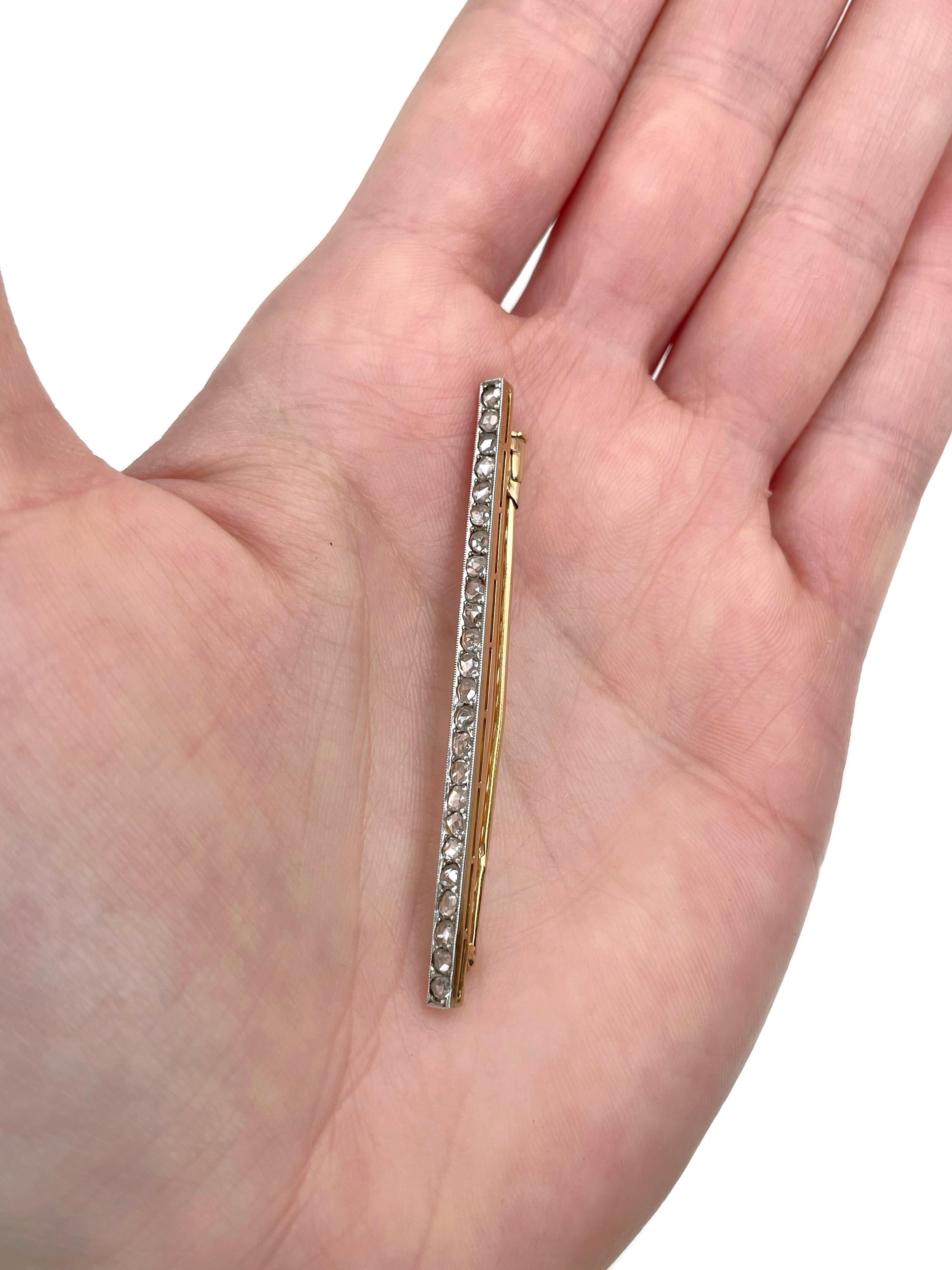 Edwardian 18 Karat Gold 1.10 Carat Rose Cut Diamond Bar Brooch In Good Condition In Vilnius, Vilniaus apskr.