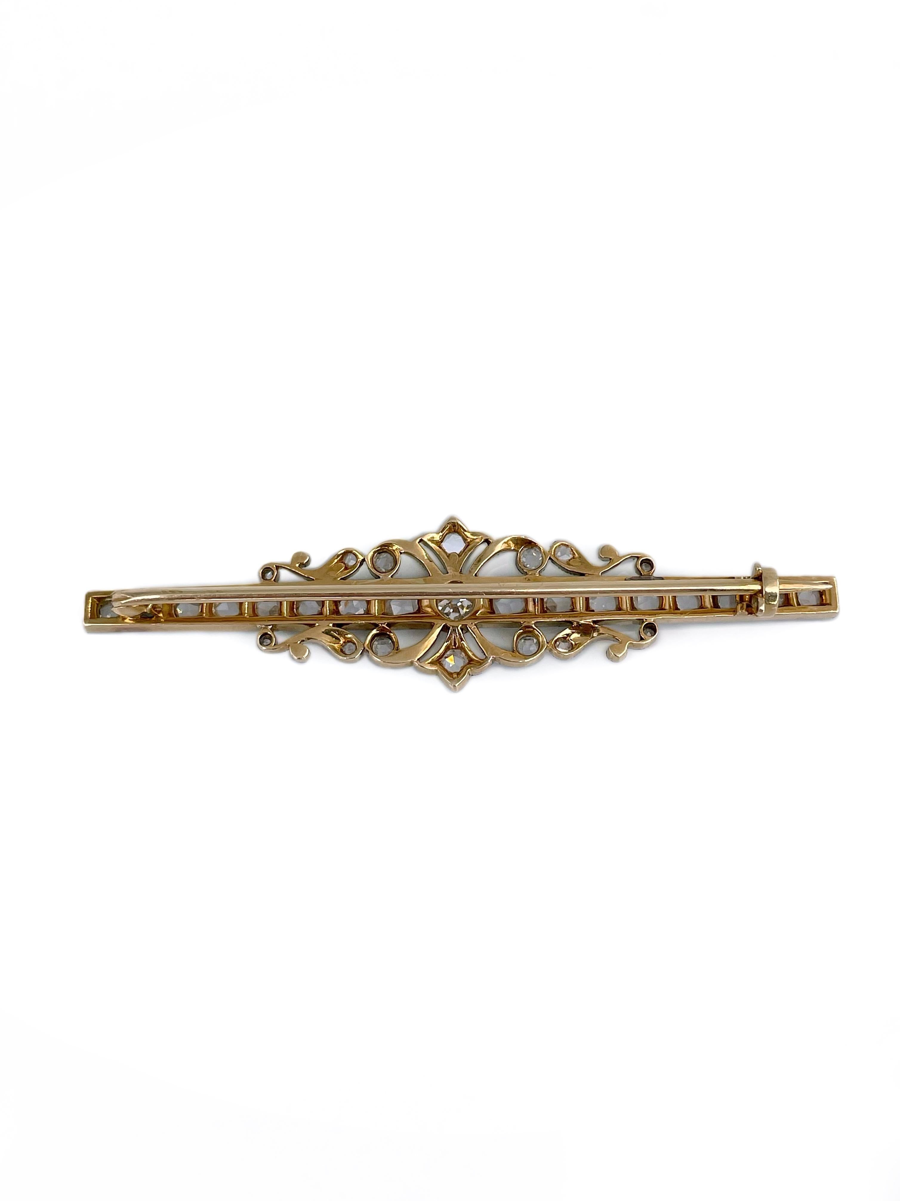 Edwardian 14 Karat Gold TW 1.92 Carat Old Cut Diamond Floral Design Bar Brooch In Good Condition For Sale In Vilnius, LT