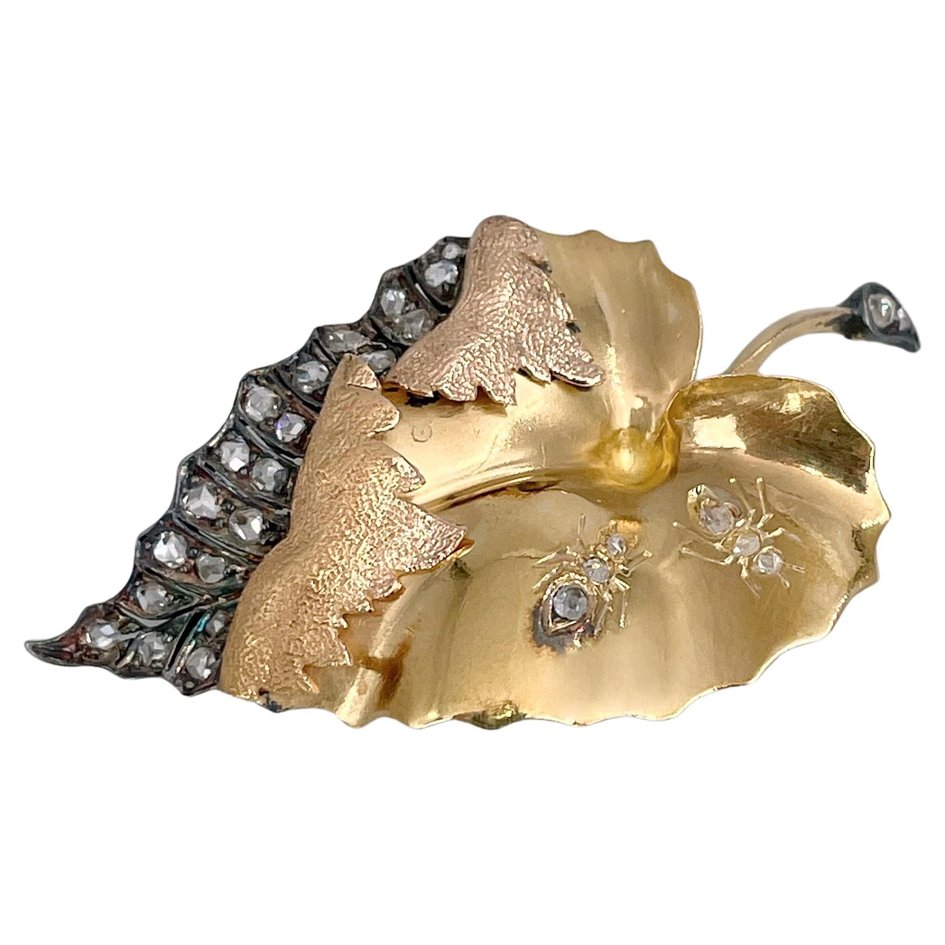 Edwardian 18 Karat Gold Rose Cut Diamond Leaf Ant Pin Brooch Pendant