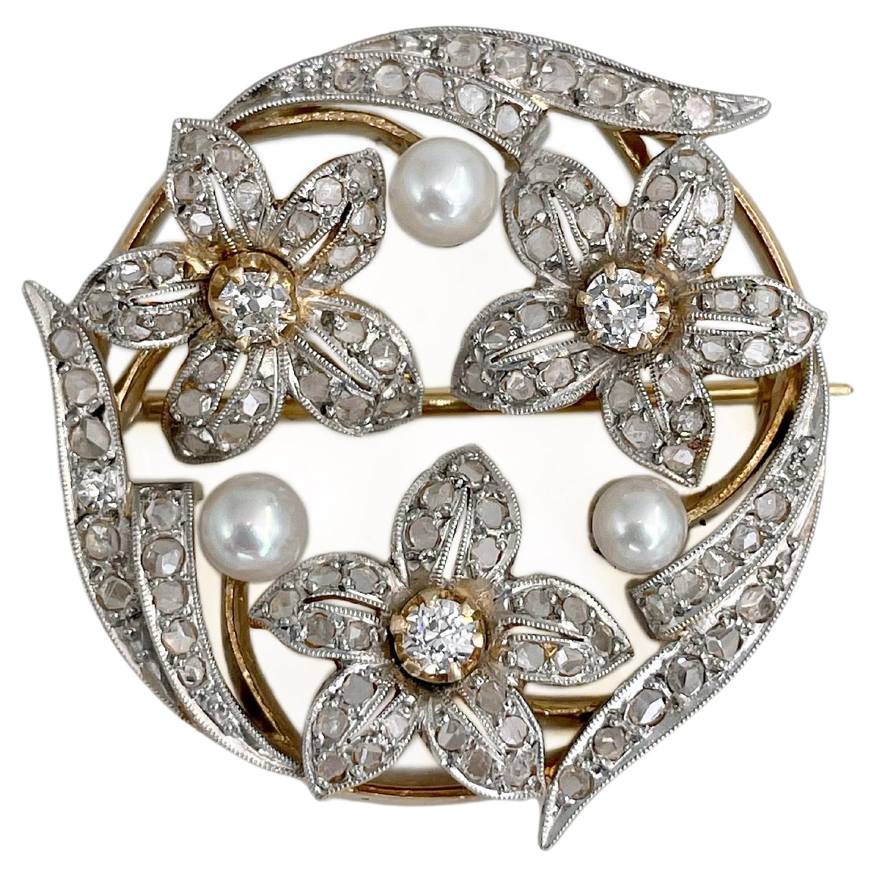 Broche Antique En Or 18K Et Argent - Diamants Taille Rose, Perle, Motif Feuille De Lierre (occasion)