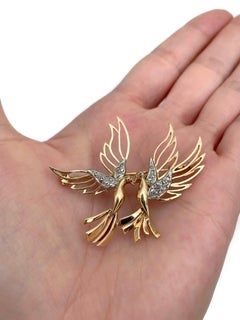 Edwardian 18 Karat Gold TW 0.18 Carat Rose Cut Diamond Two Bird Pin Brooch