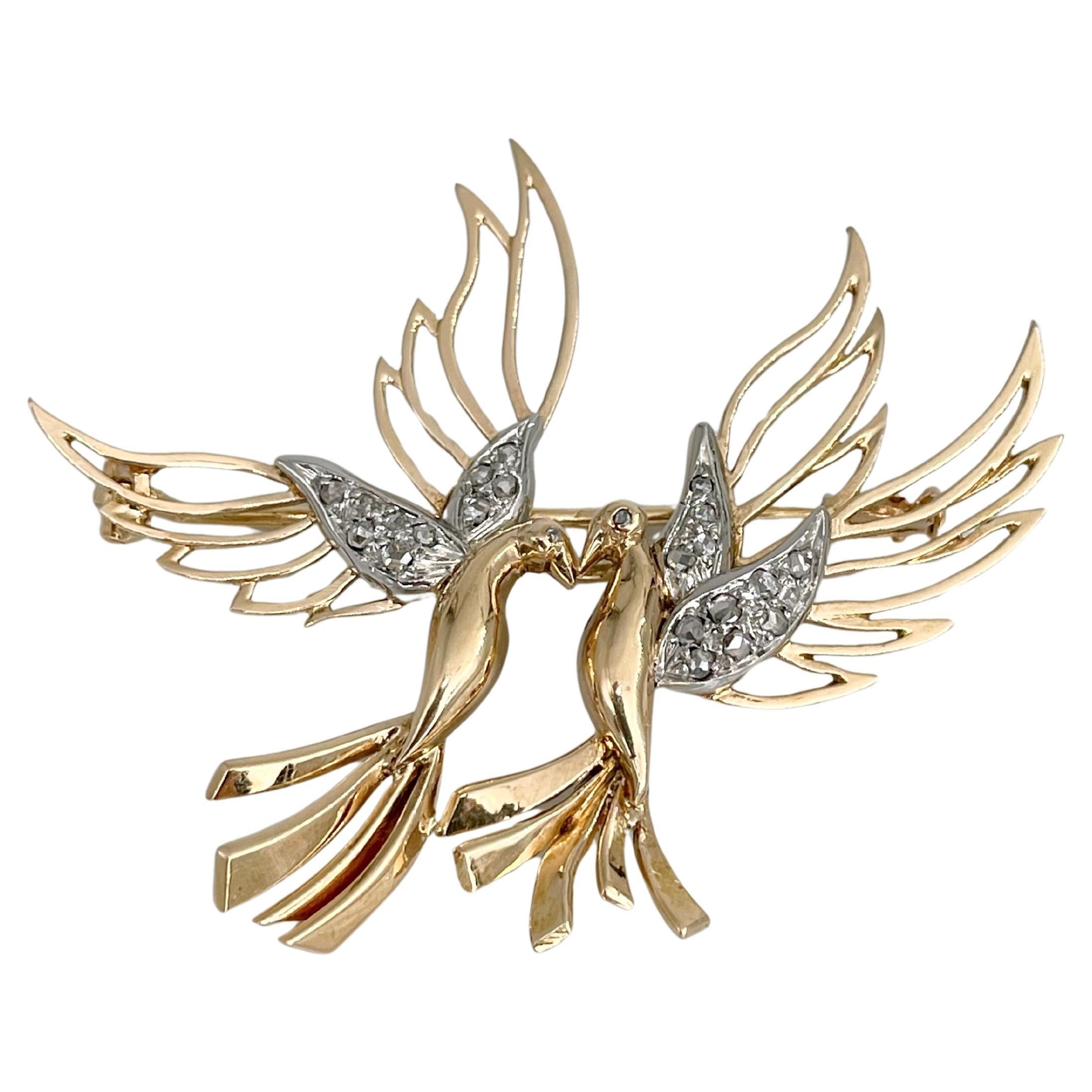 Edwardian 18 Karat Gold Rose Cut Diamond zwei Vogel Pin Brosche