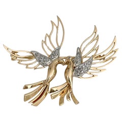 Edwardian 18 Karat Gold Rose Cut Diamond Two Bird Pin Brooch