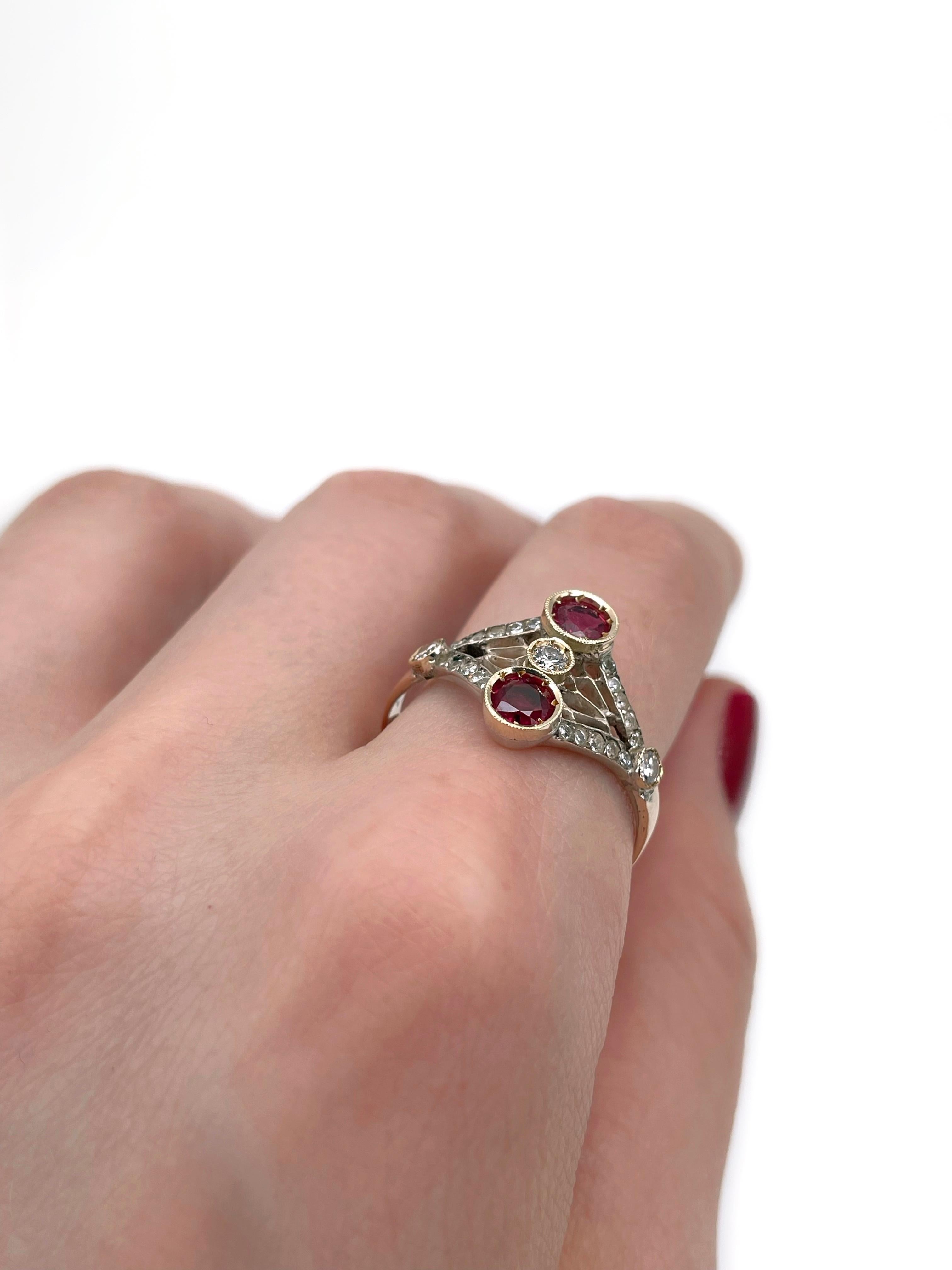 Édouardien Bague Cocktail Edouardienne en or 18 carats rubis diamant ajouré en vente