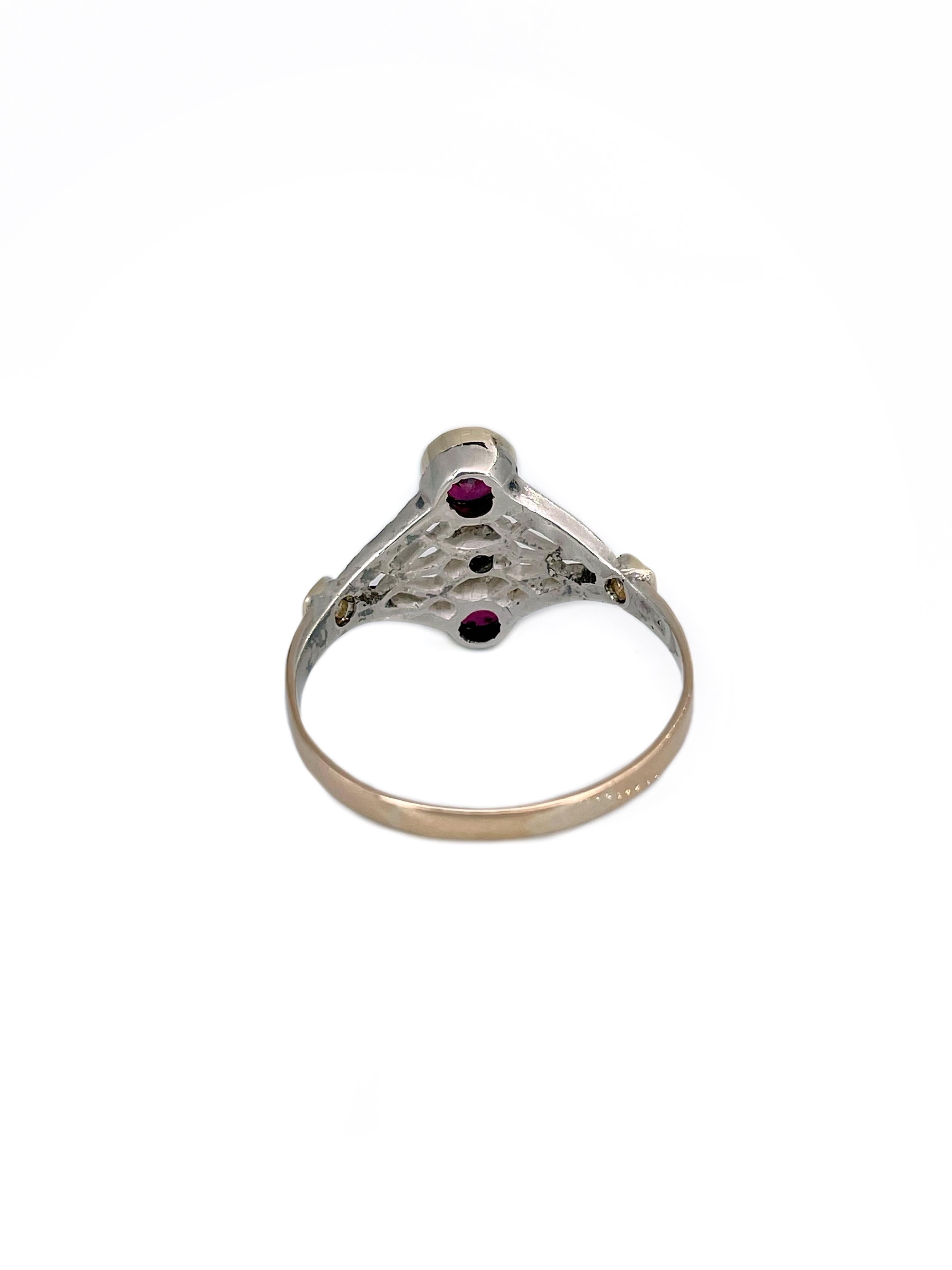 Bague Cocktail Edouardienne en or 18 carats rubis diamant ajouré Bon état - En vente à Vilnius, Vilniaus apskr.