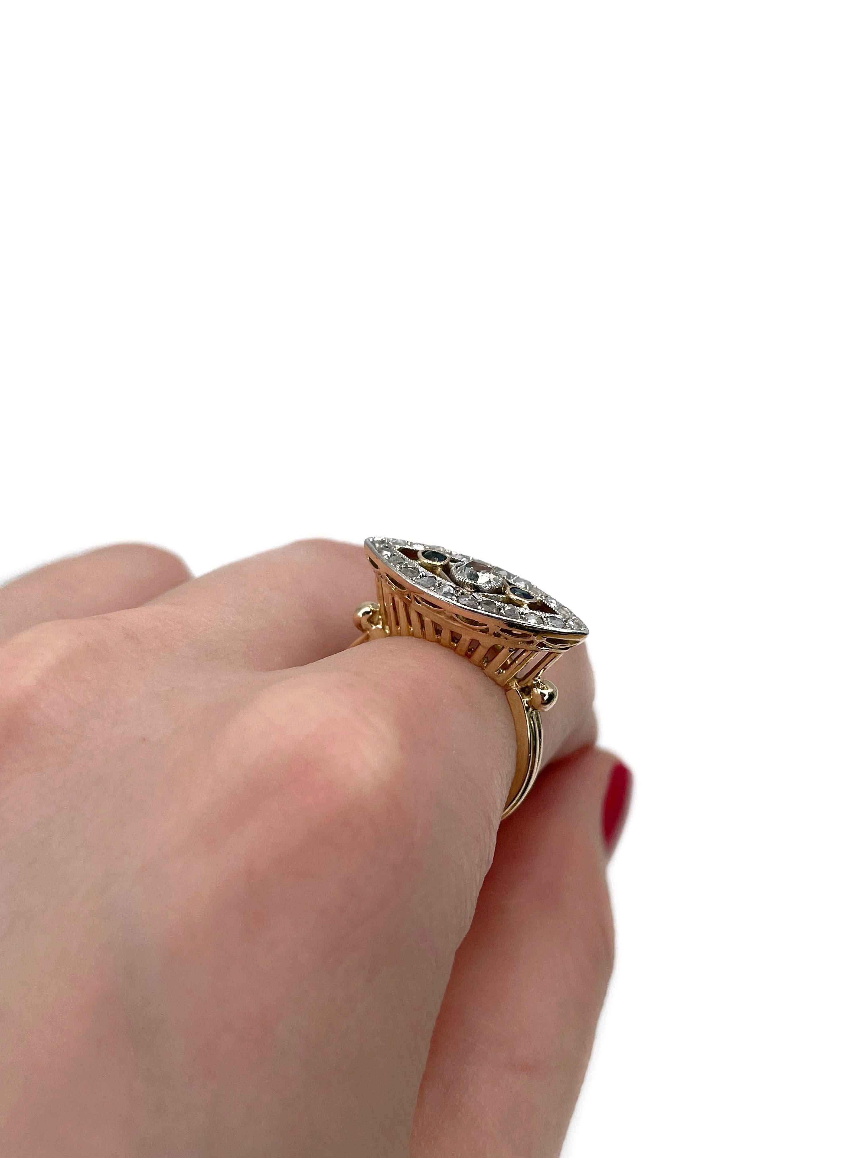 Edwardian 18 Karat Gold Saphir Diamant durchbrochener Cocktail Ring (Gemischter Schliff) im Angebot