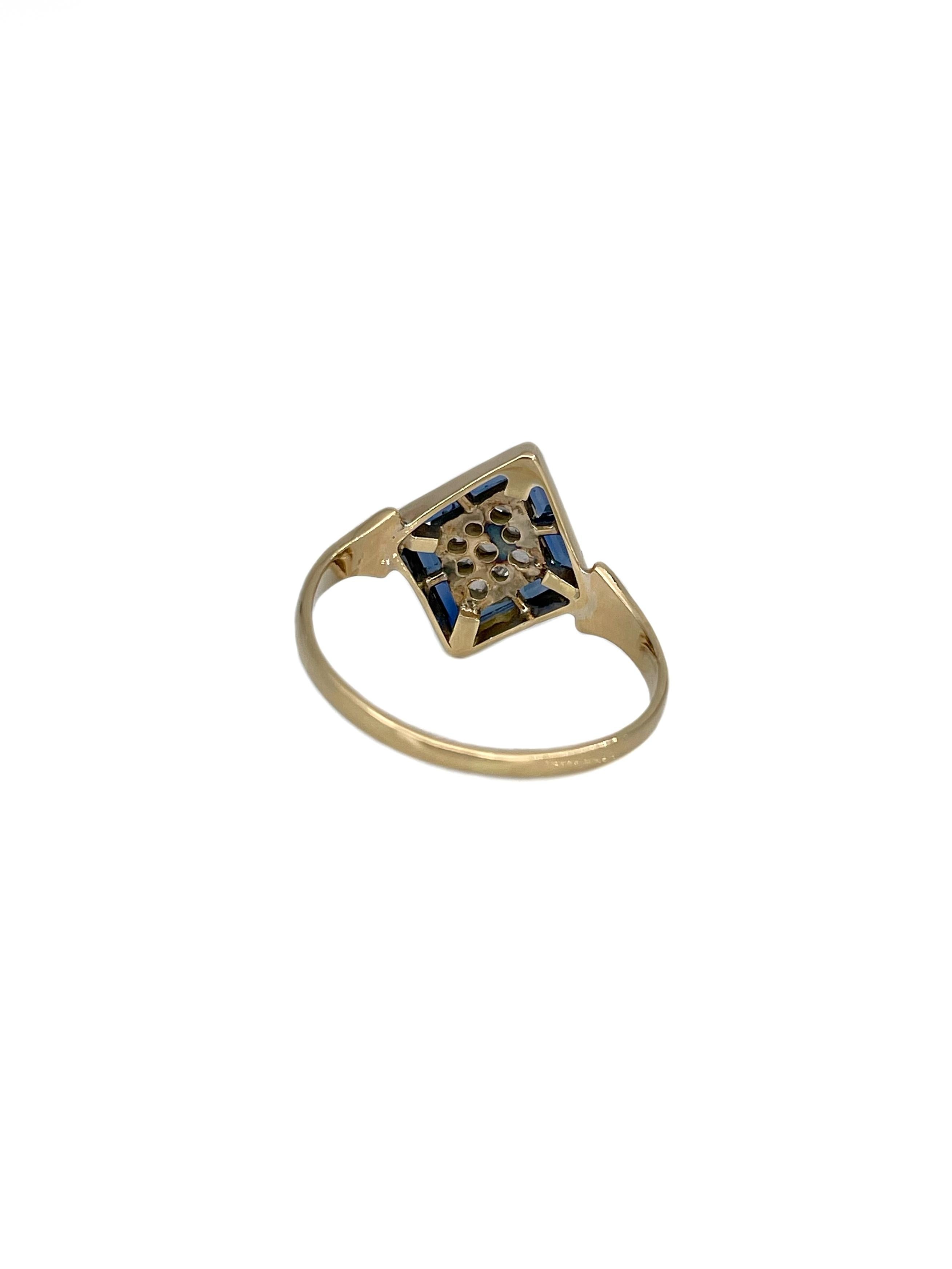 Anello edoardiano in oro 18 carati con zaffiro e diamante a forma di rombo piccolo In condizioni buone in vendita a Vilnius, Vilniaus apskr.
