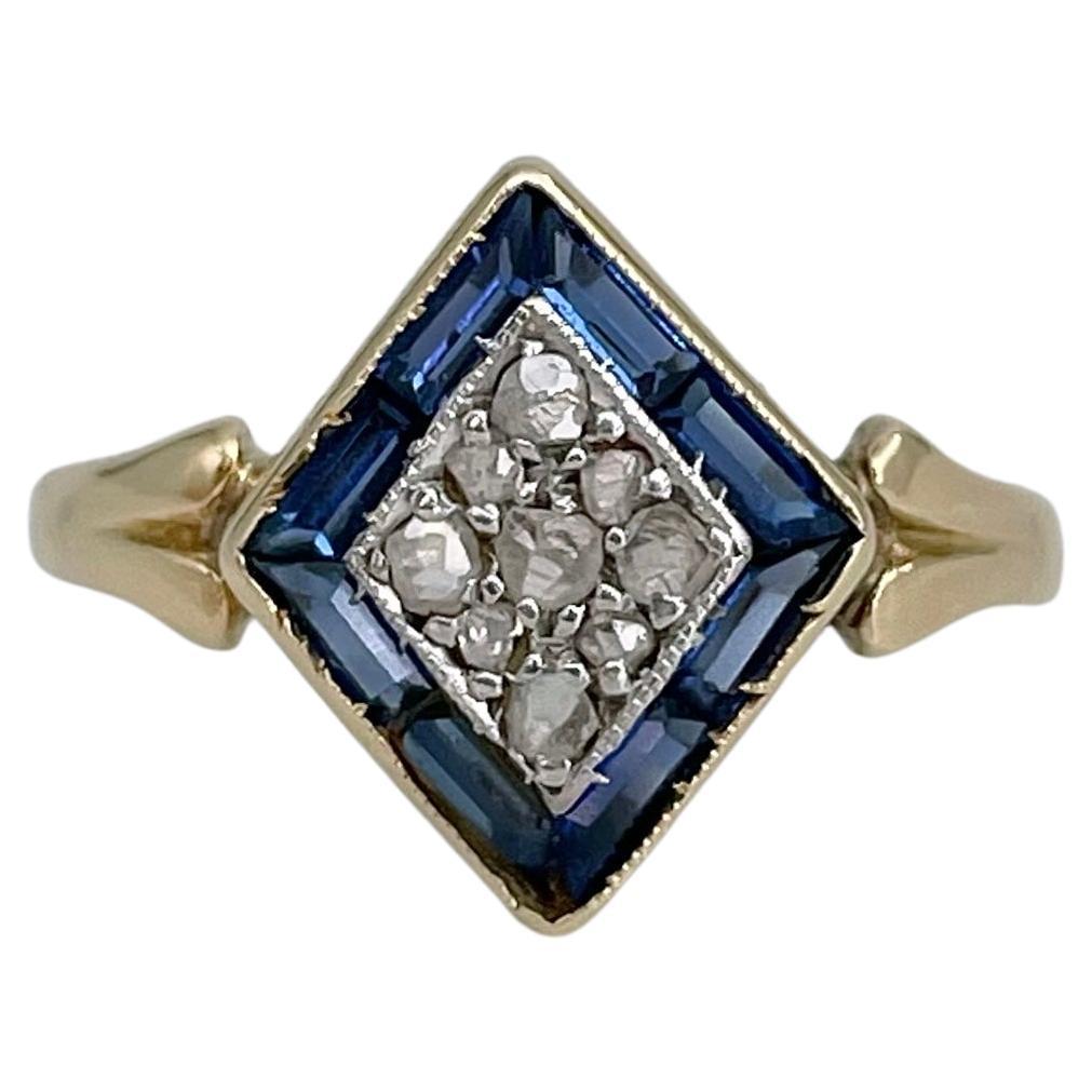 Bague édouardienne en or 18 carats saphir diamant petit losange