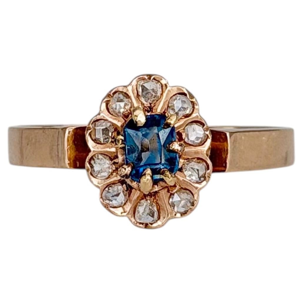 Edwardian 18 Karat Gold Sapphire Rose Cut Diamond Small Cluster Ring