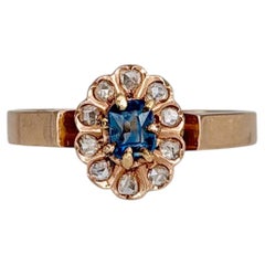 Edwardian 18 Karat Gold Sapphire Rose Cut Diamond Small Cluster Ring