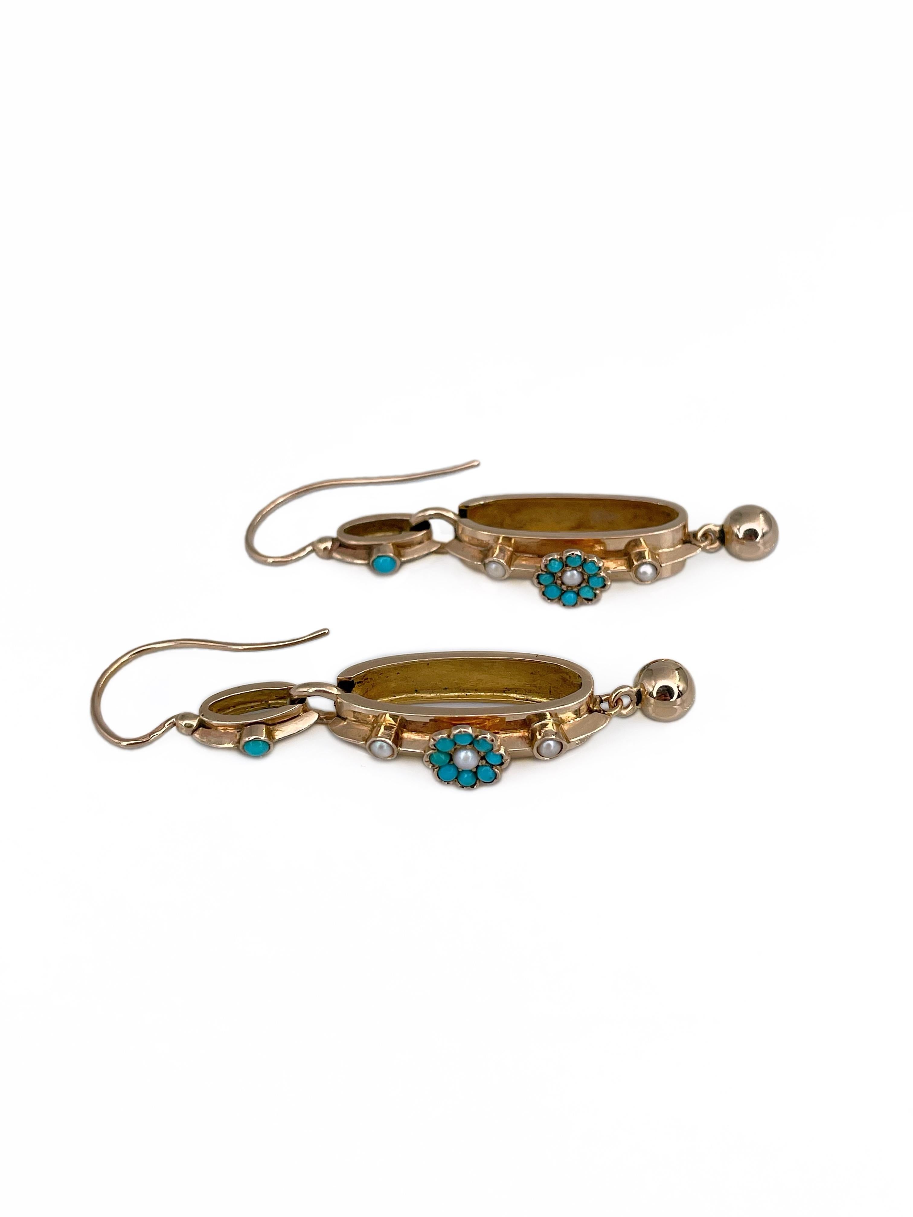Mixed Cut Edwardian 18 Karat Gold Turquoise Seed Pearl Floral Drop Dangle Earrings For Sale