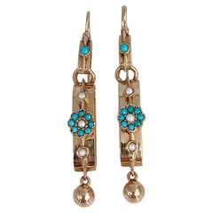 Pendants d'oreilles édouardiens en or 18 carats, turquoise, perles naturelles et fleurs