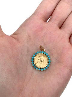 Edwardian 18 Karat Gold Turquoise Virgin Mary Medal Pendant