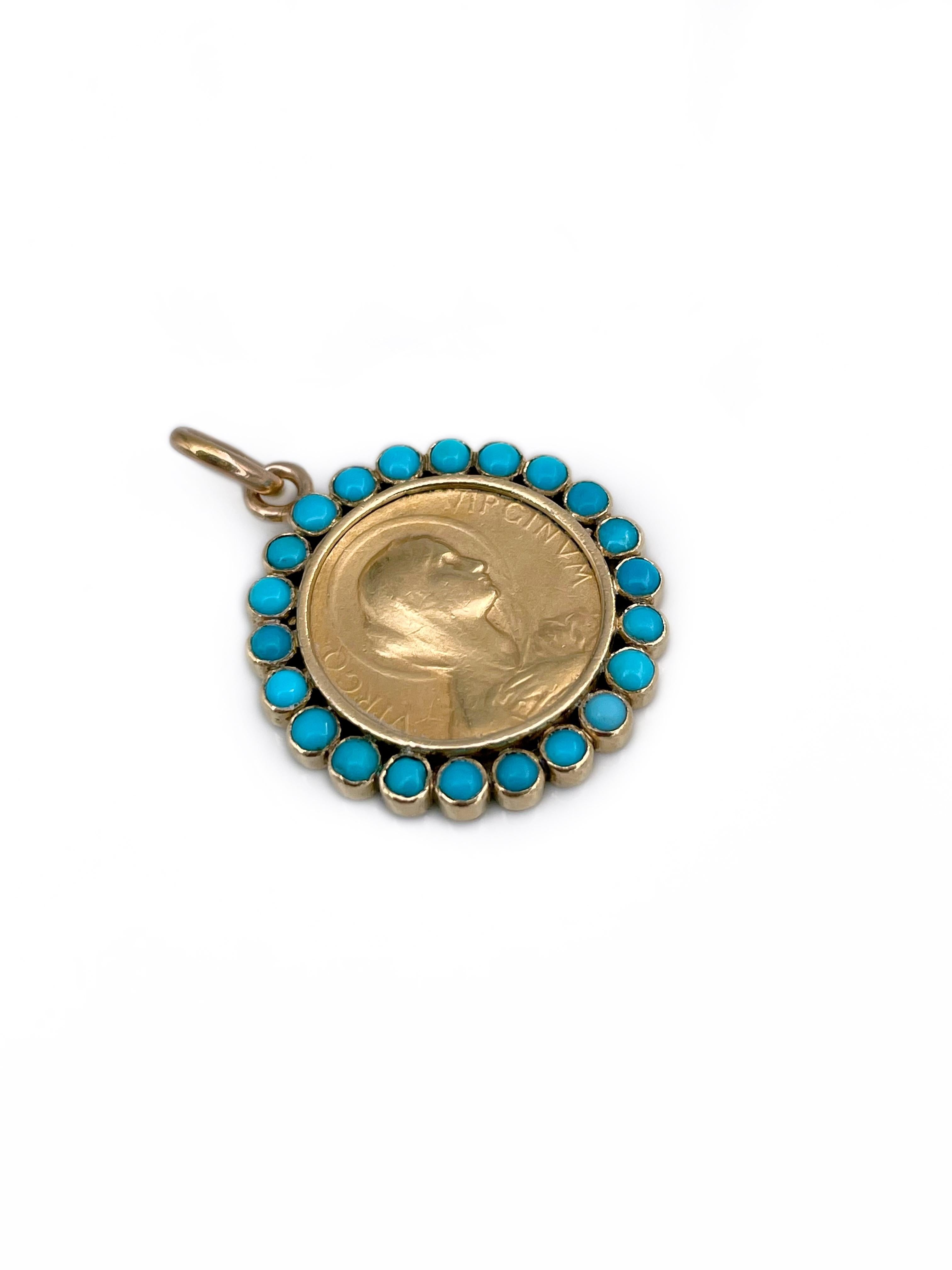 Edoardiano Ciondolo con medaglia della Vergine Maria in turchese in oro 18 carati di epoca edoardiana in vendita