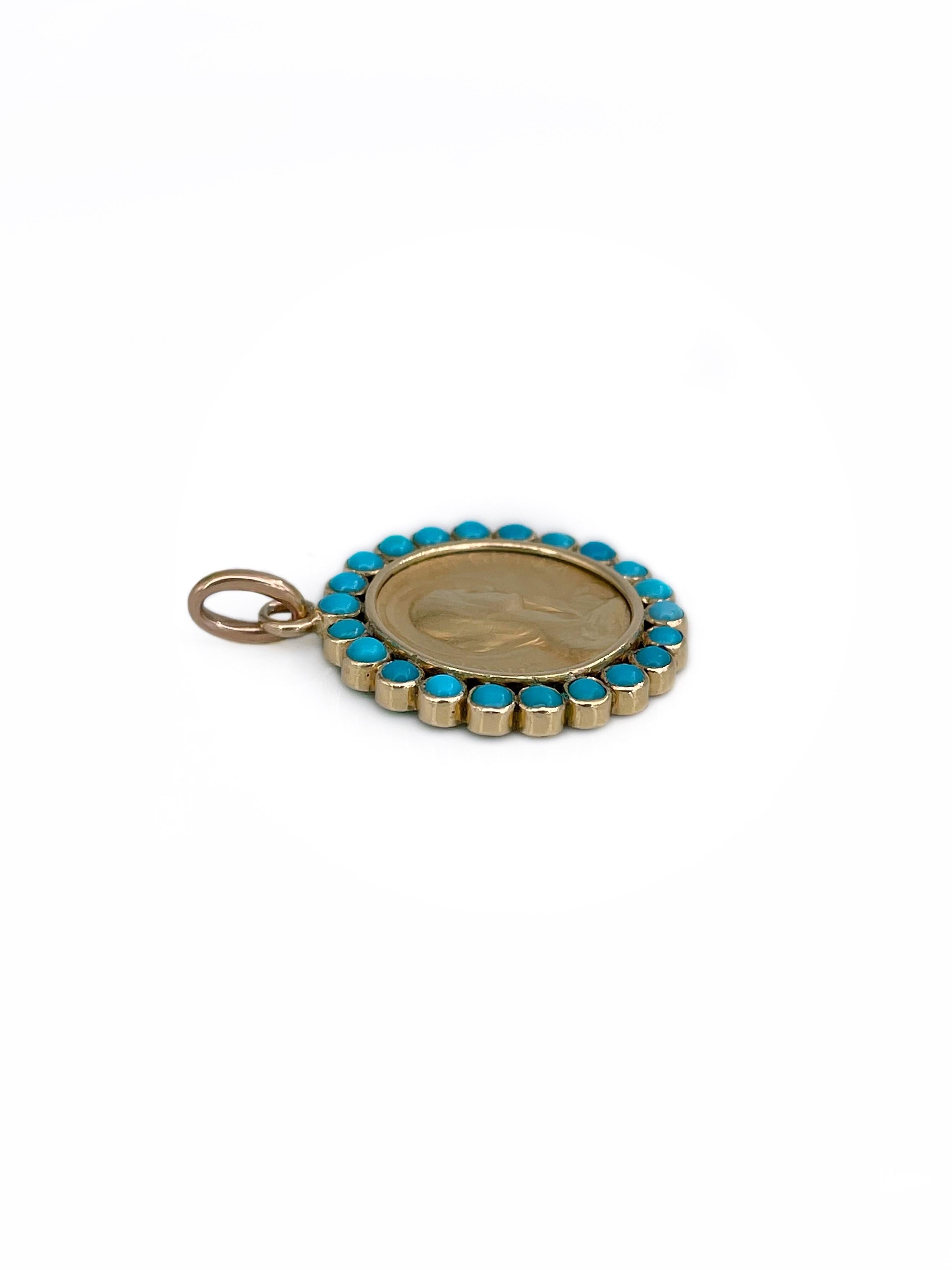 Cabochon Ciondolo con medaglia della Vergine Maria in turchese in oro 18 carati di epoca edoardiana in vendita