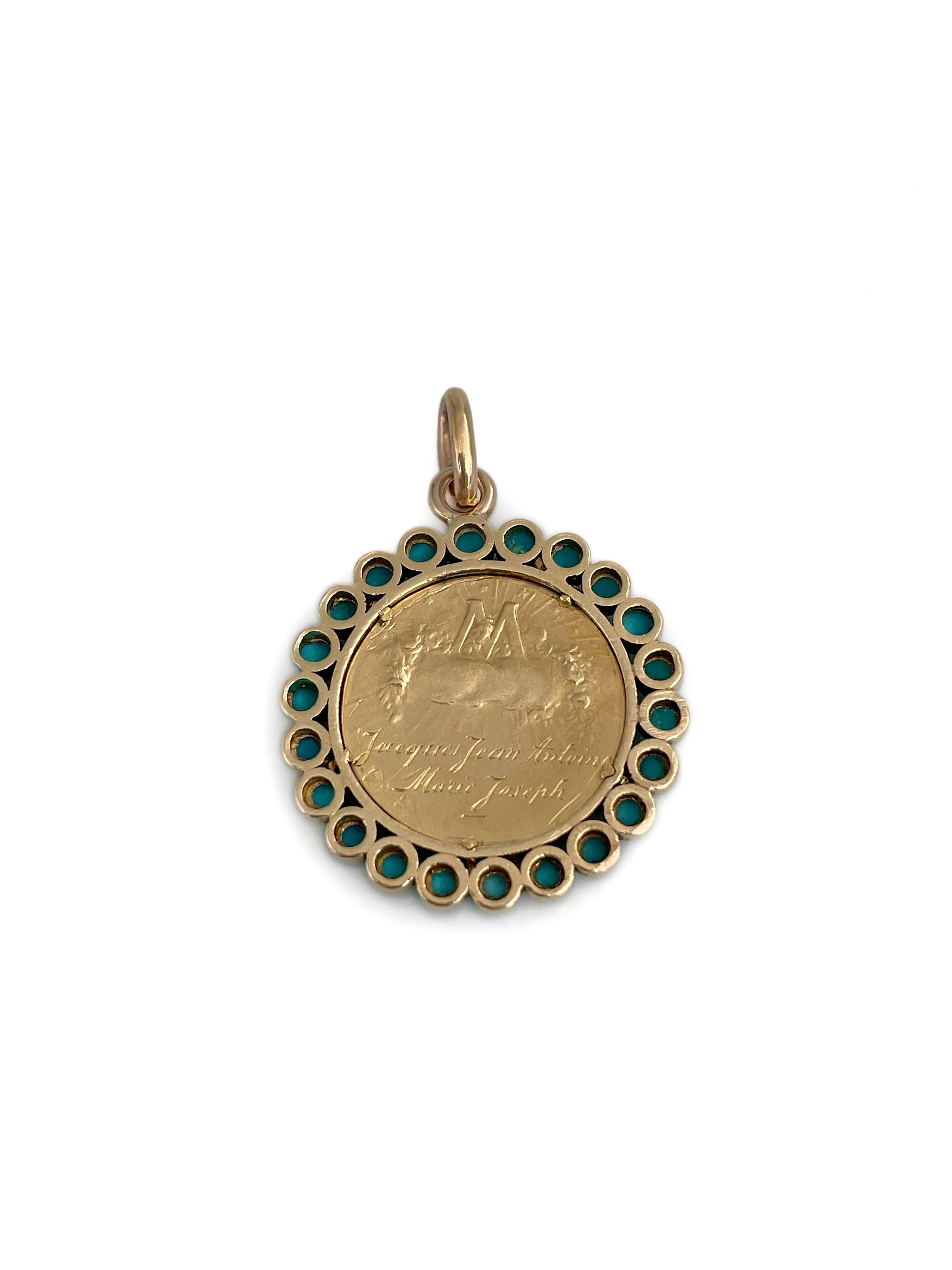 Ciondolo con medaglia della Vergine Maria in turchese in oro 18 carati di epoca edoardiana In condizioni buone in vendita a Vilnius, Vilniaus apskr.
