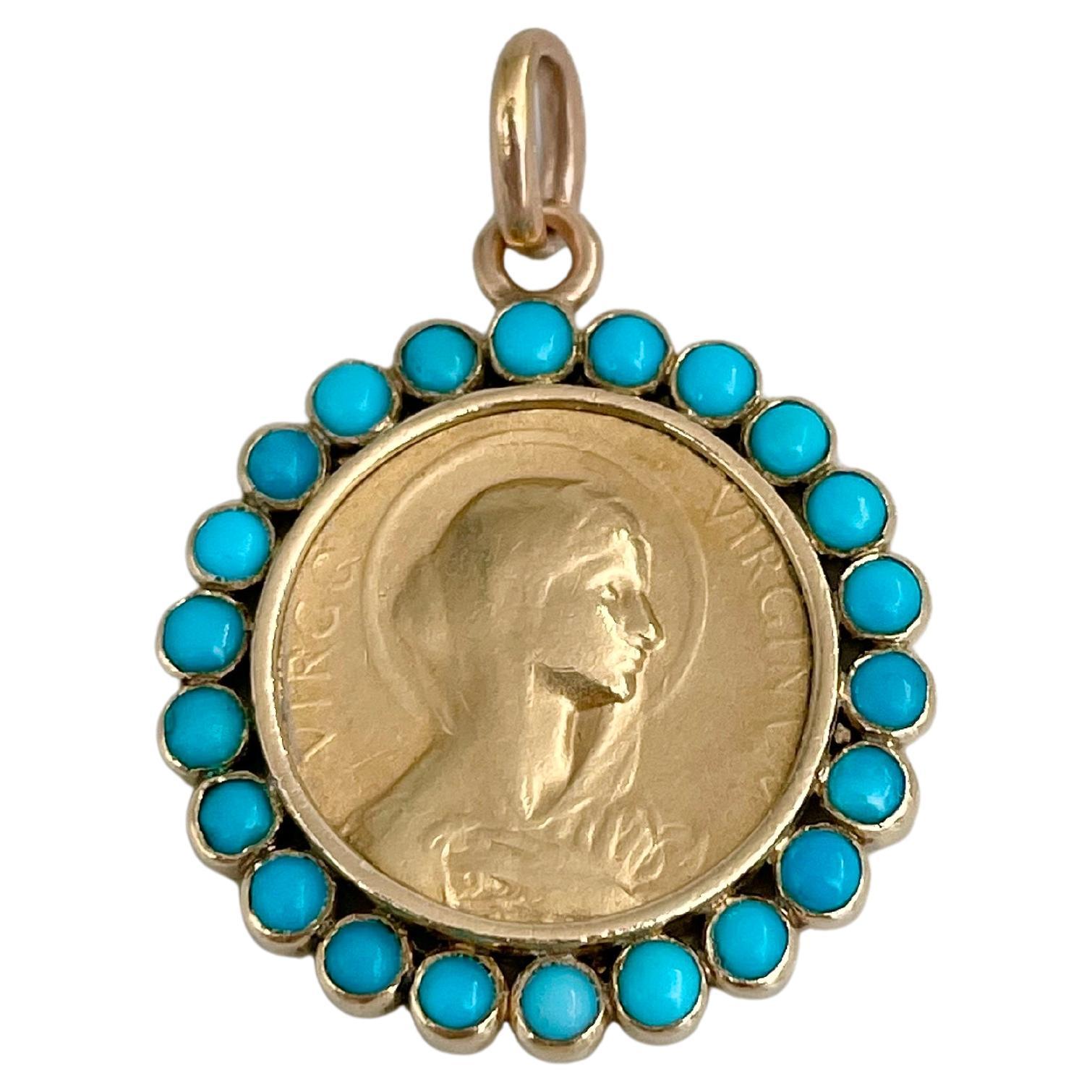 Ciondolo con medaglia della Vergine Maria in turchese in oro 18 carati di epoca edoardiana in vendita