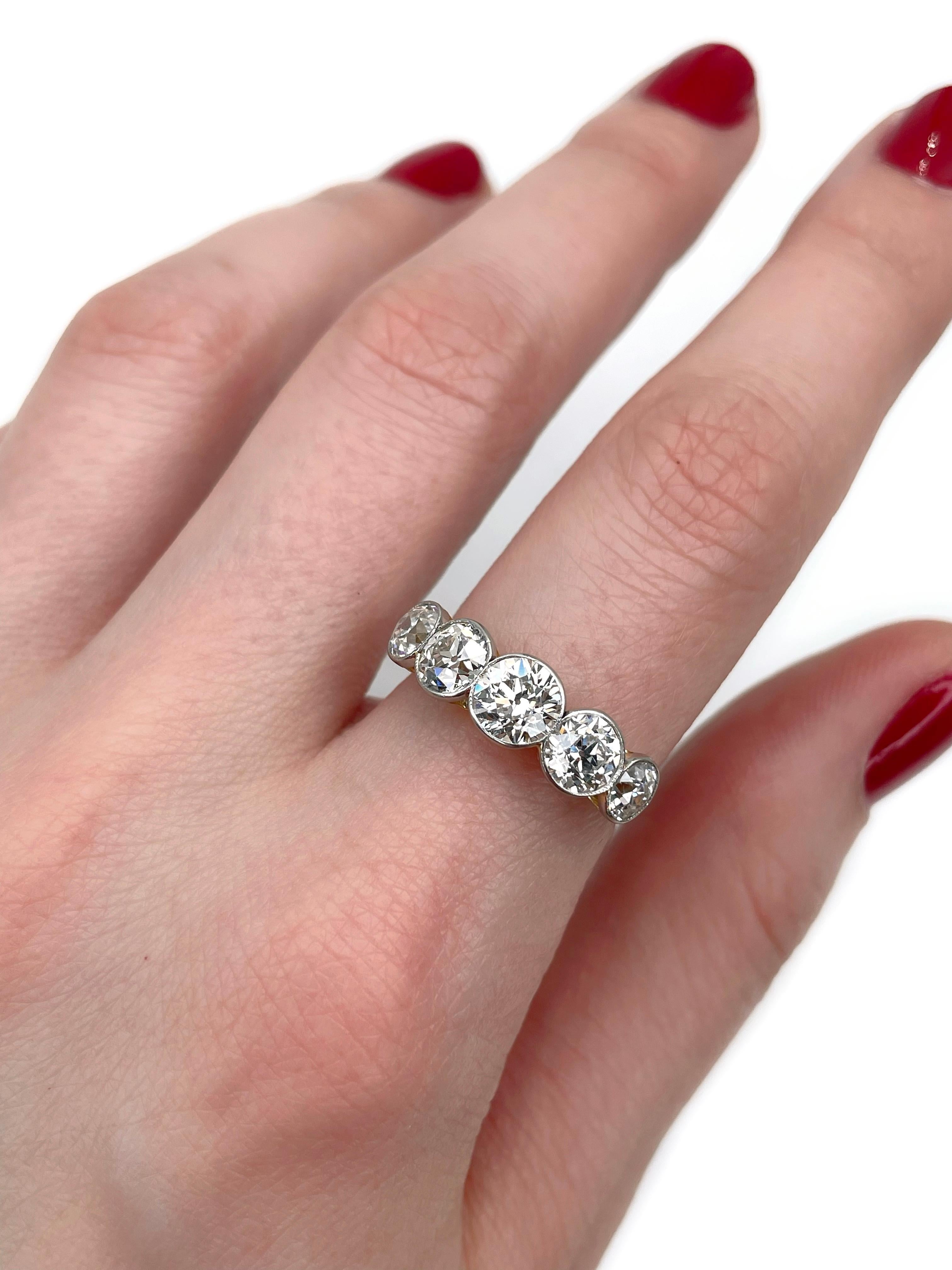 This is an Edwardian five-stone ring crafted in 18K gold. Circa 1910. 

The piece features 5 diamonds (old European cut, TW ~2.10ct).

Weight: 3.40g
Size: 16.75 (US 6.25)

IMPORTANT: please ask about the possibility to resize before purchase. This