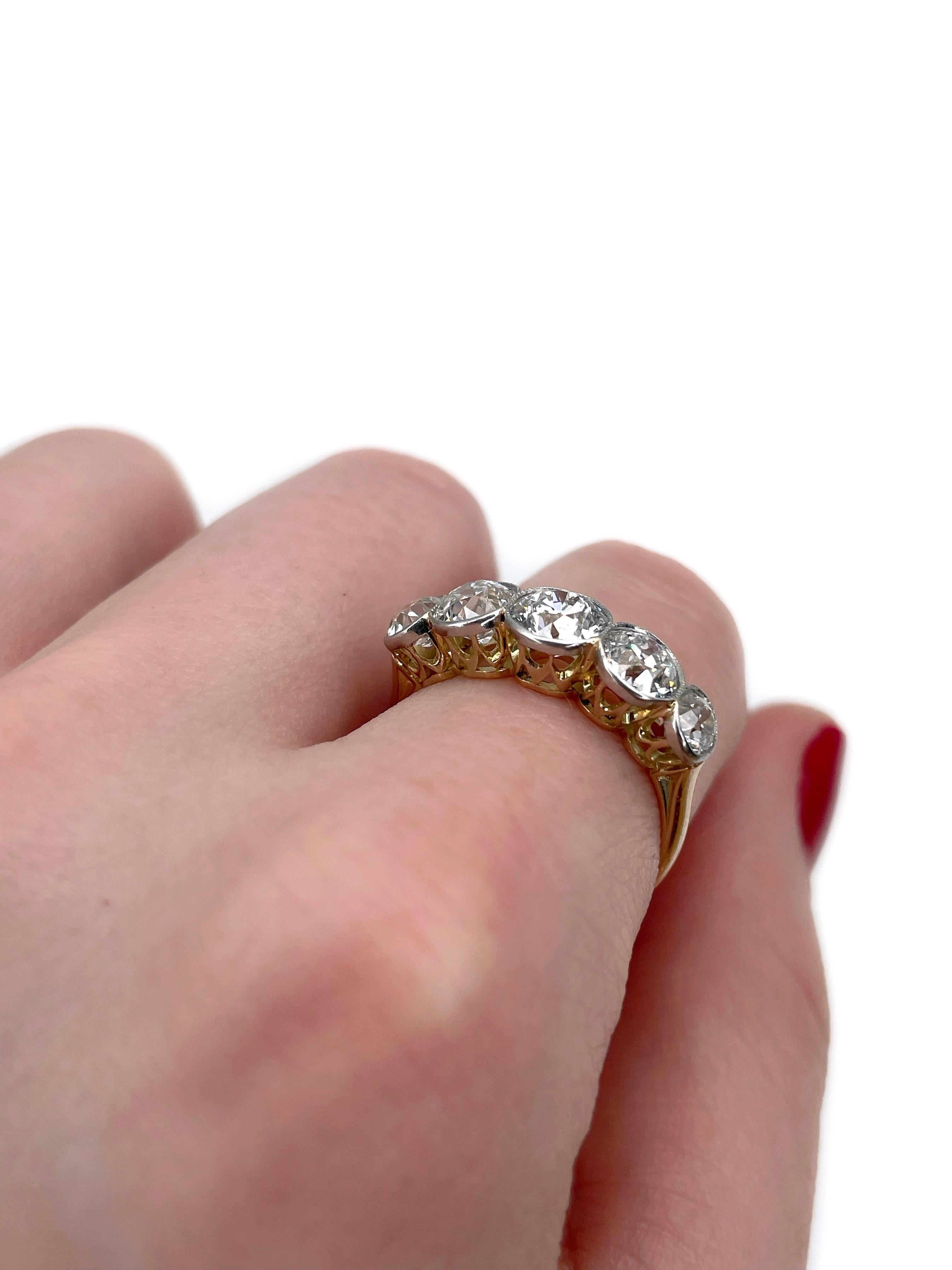 Edwardian 18 Karat Gold TW ~2.10 Carat Old European Cut Diamond Five-Stone Ring In Good Condition In Vilnius, Vilniaus apskr.
