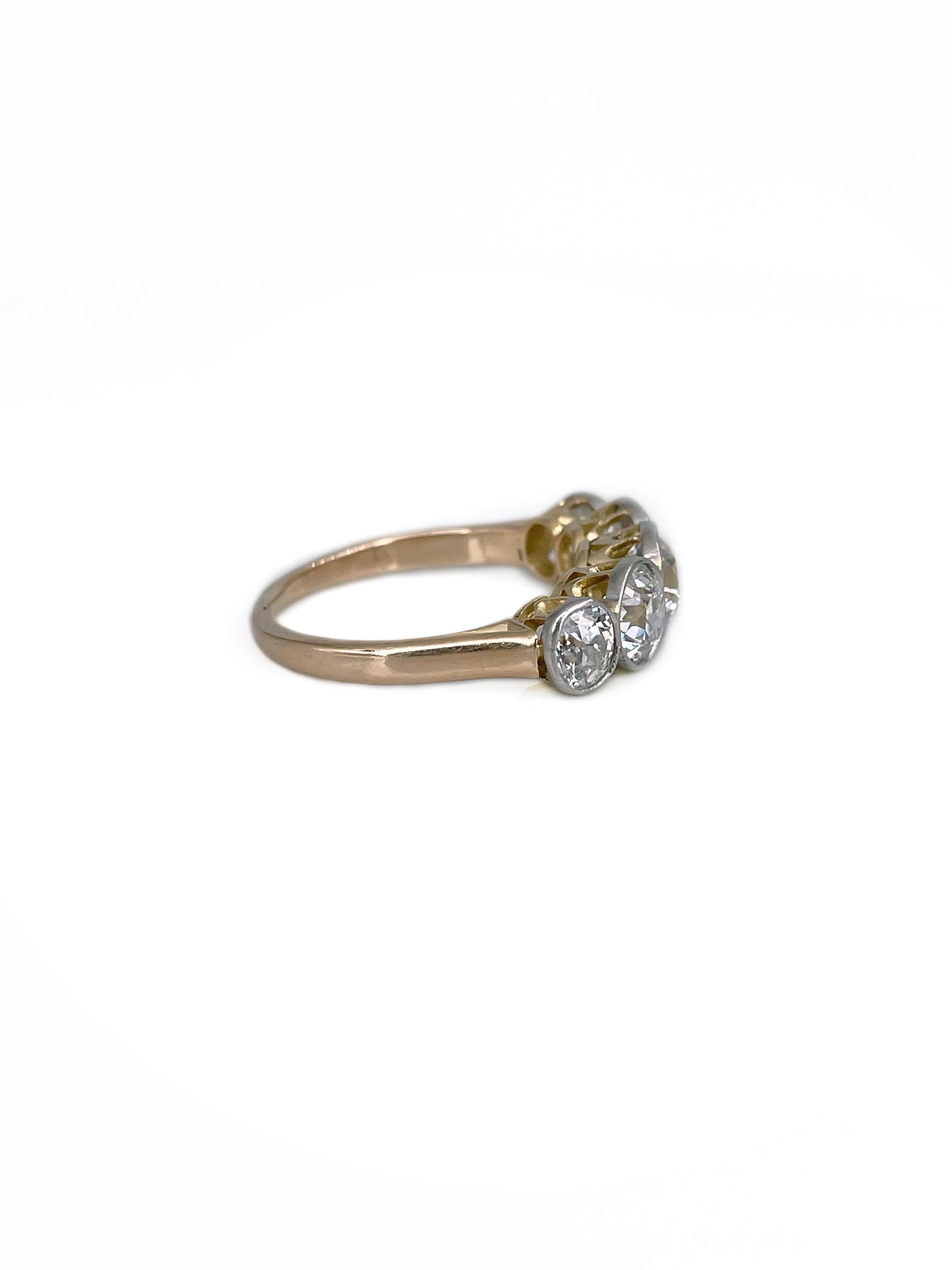 Women's or Men's Edwardian 18 Karat Gold TW ~2.10 Carat Old European Cut Diamond Five-Stone Ring