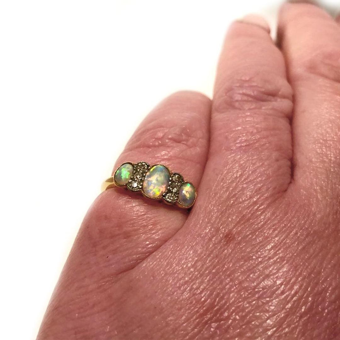 Edwardian 18ct Gold Opal and Diamond Three Stone Ring 4