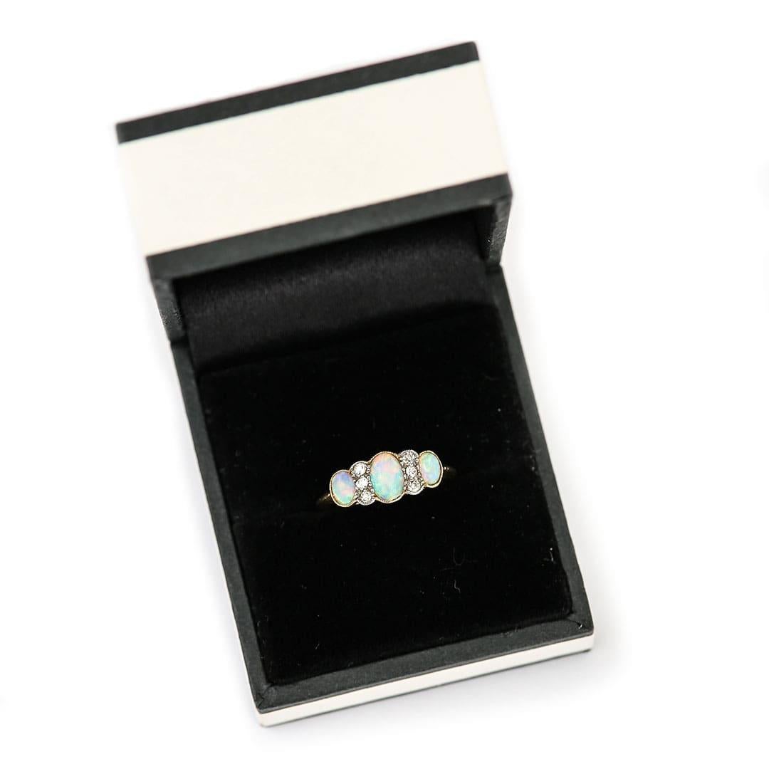 Edwardian 18ct Gold Opal and Diamond Three Stone Ring 6