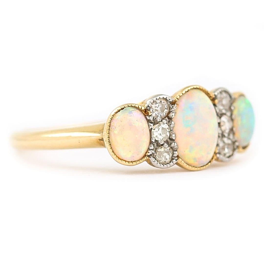 Round Cut Edwardian 18ct Gold Opal and Diamond Three Stone Ring