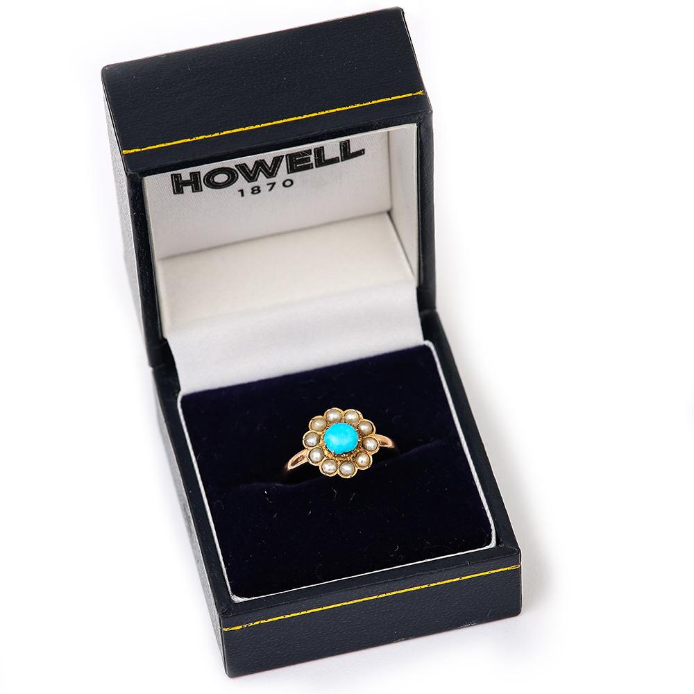 Edwardian 18 Karat Rose Gold Turquoise and Pearl Cluster Ring 8
