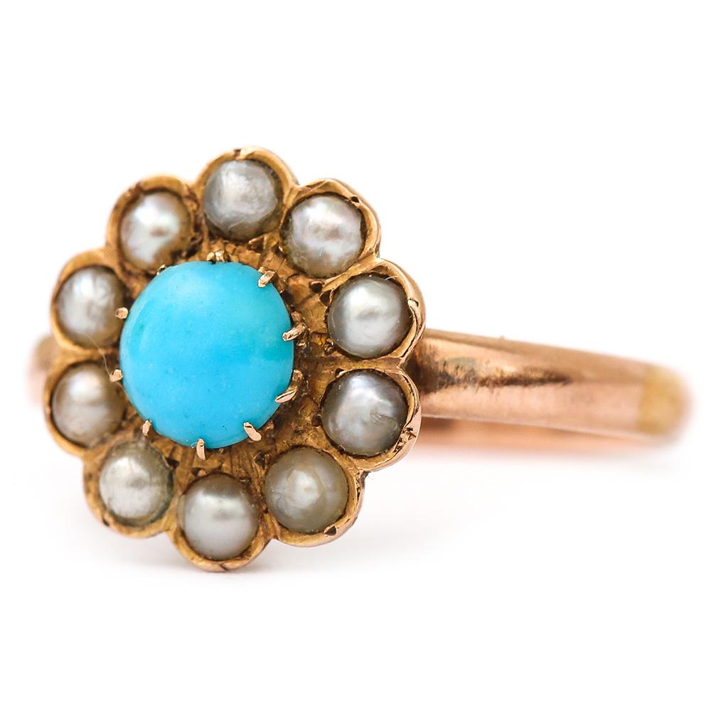 Edwardian 18 Karat Rose Gold Turquoise and Pearl Cluster Ring In Good Condition In Lancashire, Oldham